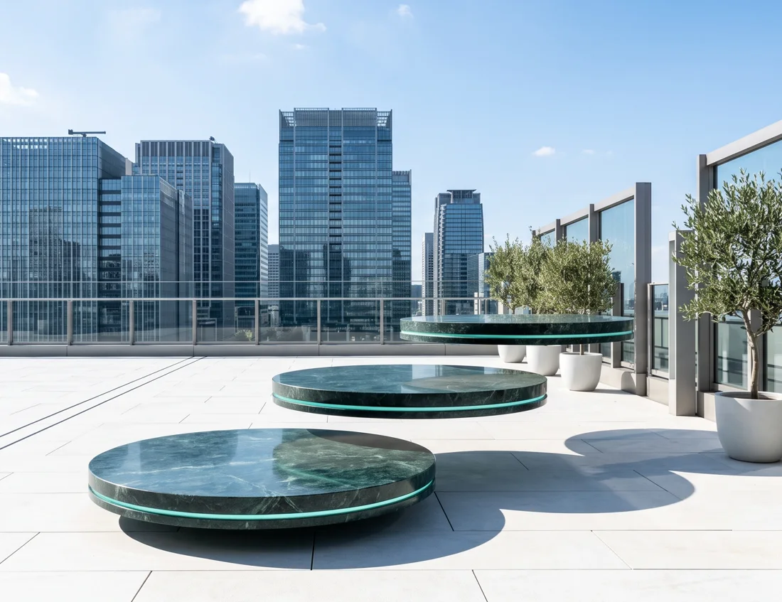 Three green marble platforms rising across a sunlit London rooftop terrace