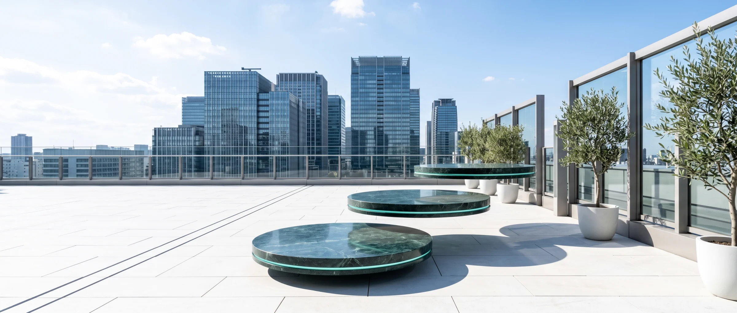 Three green marble platforms rising across a sunlit London rooftop terrace, a metaphor for the steps from preparing to growing