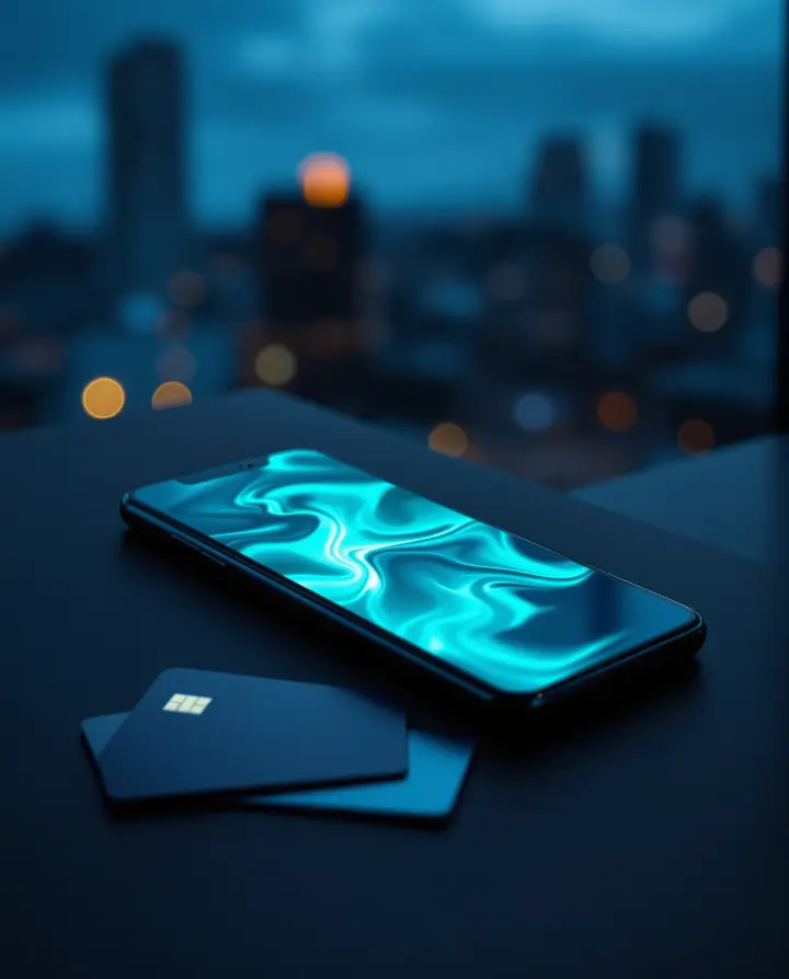 A smartphone showing a credit application on a dark surface