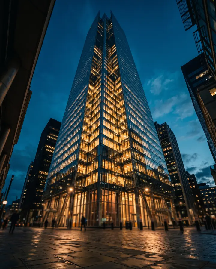 A glass office tower at dusk