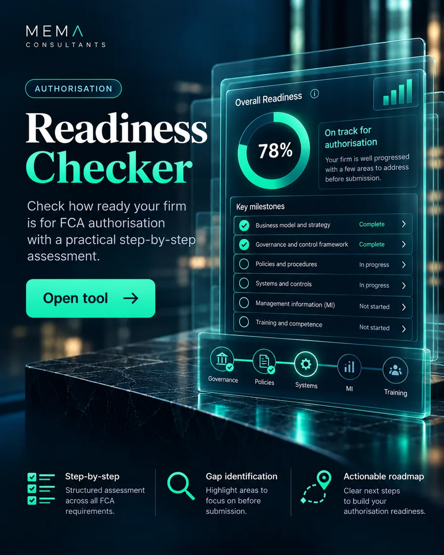 Readiness Checker, free tool: A few questions about your business, before you plan an FCA application.