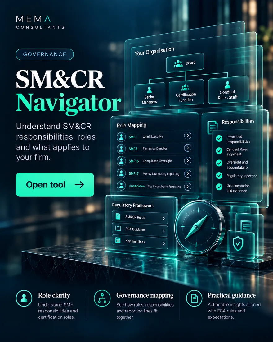 SM&CR Navigator, free tool: Tools to manage Senior Management Functions, the Certification Regime, Conduct Rules and Prescribed Responsibilities.