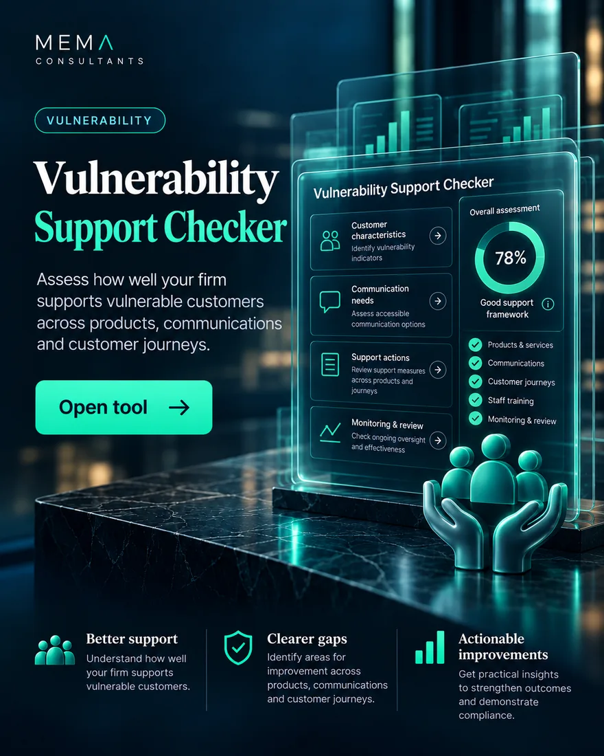 Vulnerability Support Checker, free tool: A 13-question framework based on FCA guidance FG21/1 to evaluate customer vulnerability.