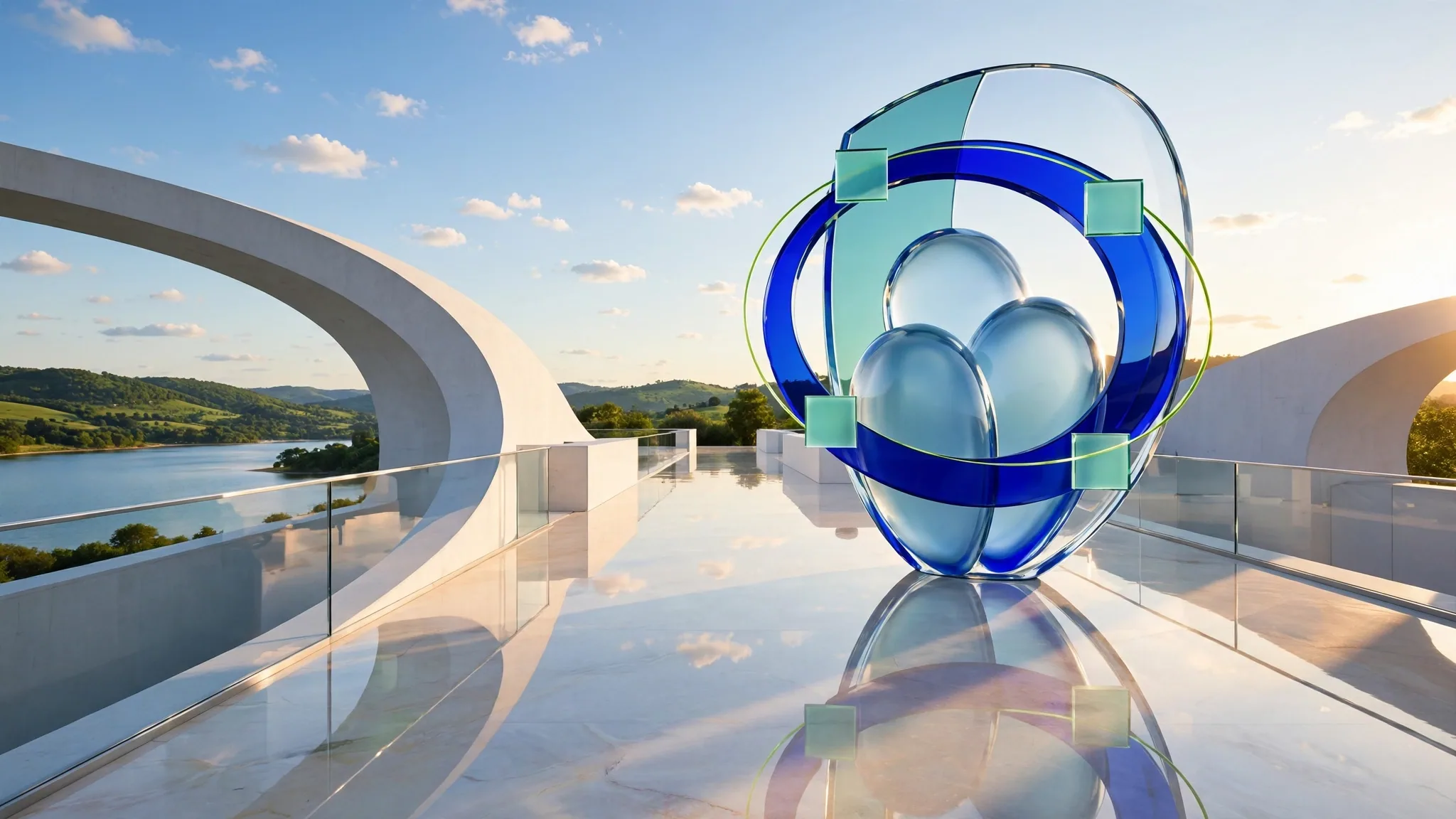 Translucent cobalt, lime and mint glass sculpture of a shield holding three rounded figures, on a sunny white concrete terrace above a bay under blue sky