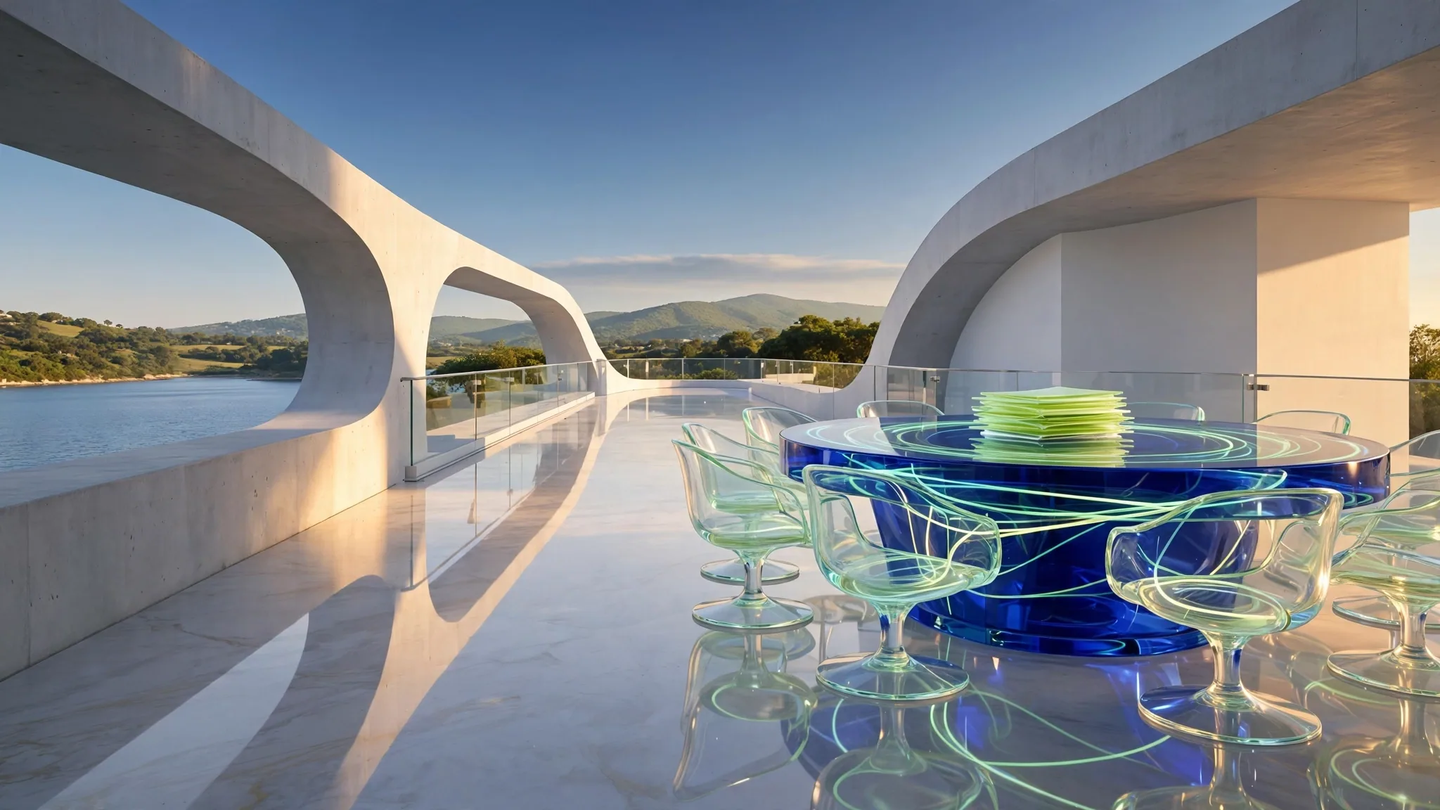 Translucent glass boardroom table with empty swivel chairs sits on a sunny white concrete terrace above a bright blue bay under a clear sky