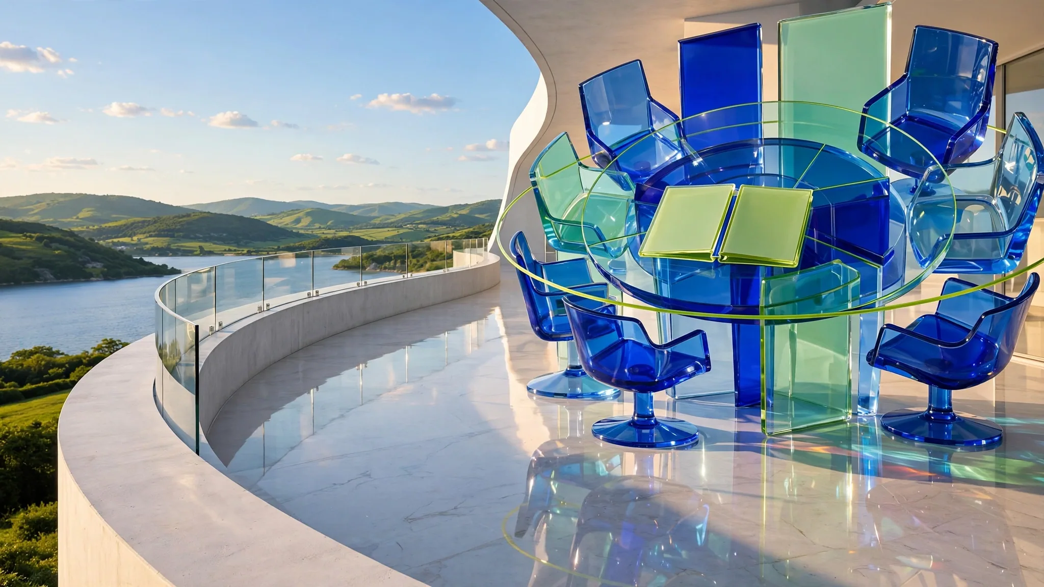 Translucent cobalt and lime glass round table with empty swivel chairs on a sunny white concrete terrace, overlooking a bright bay under a clear blue sky