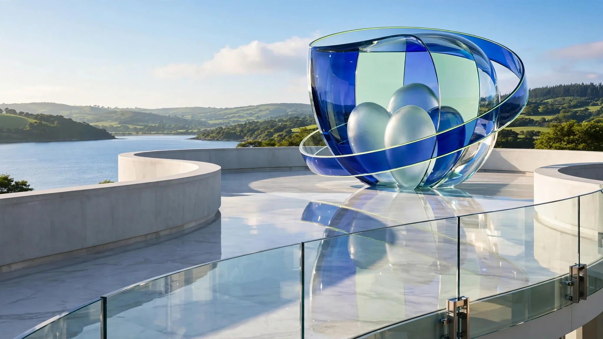 Translucent cobalt, royal blue, lime and mint glass sculpture of a shield holding three rounded figures, set on a sunny white concrete terrace above a bay under a clear sky