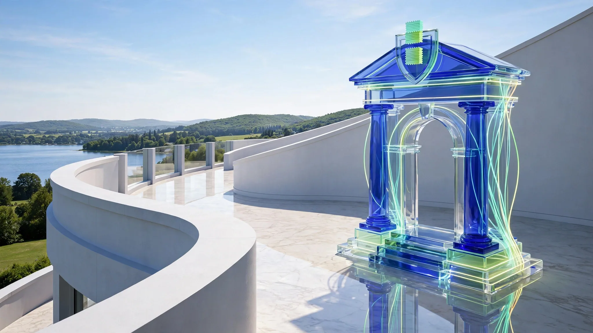 Translucent cobalt and lime glass portico with columns and steps stands on a sunny white concrete terrace above a calm blue bay under a clear sky