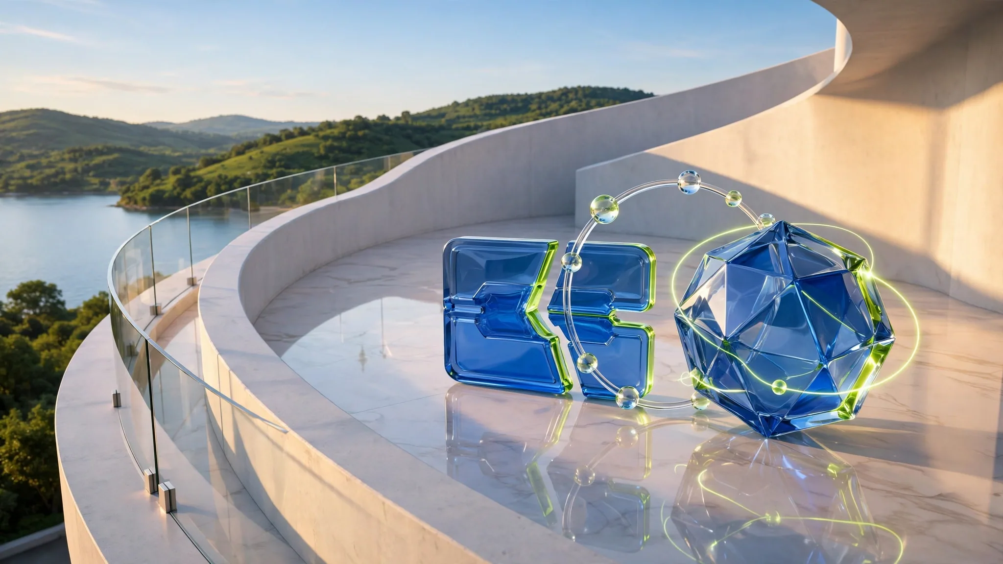Translucent cobalt and mint glass sculpture of a payment card and faceted coin on a sunny white terrace above a bay, under a clear blue sky
