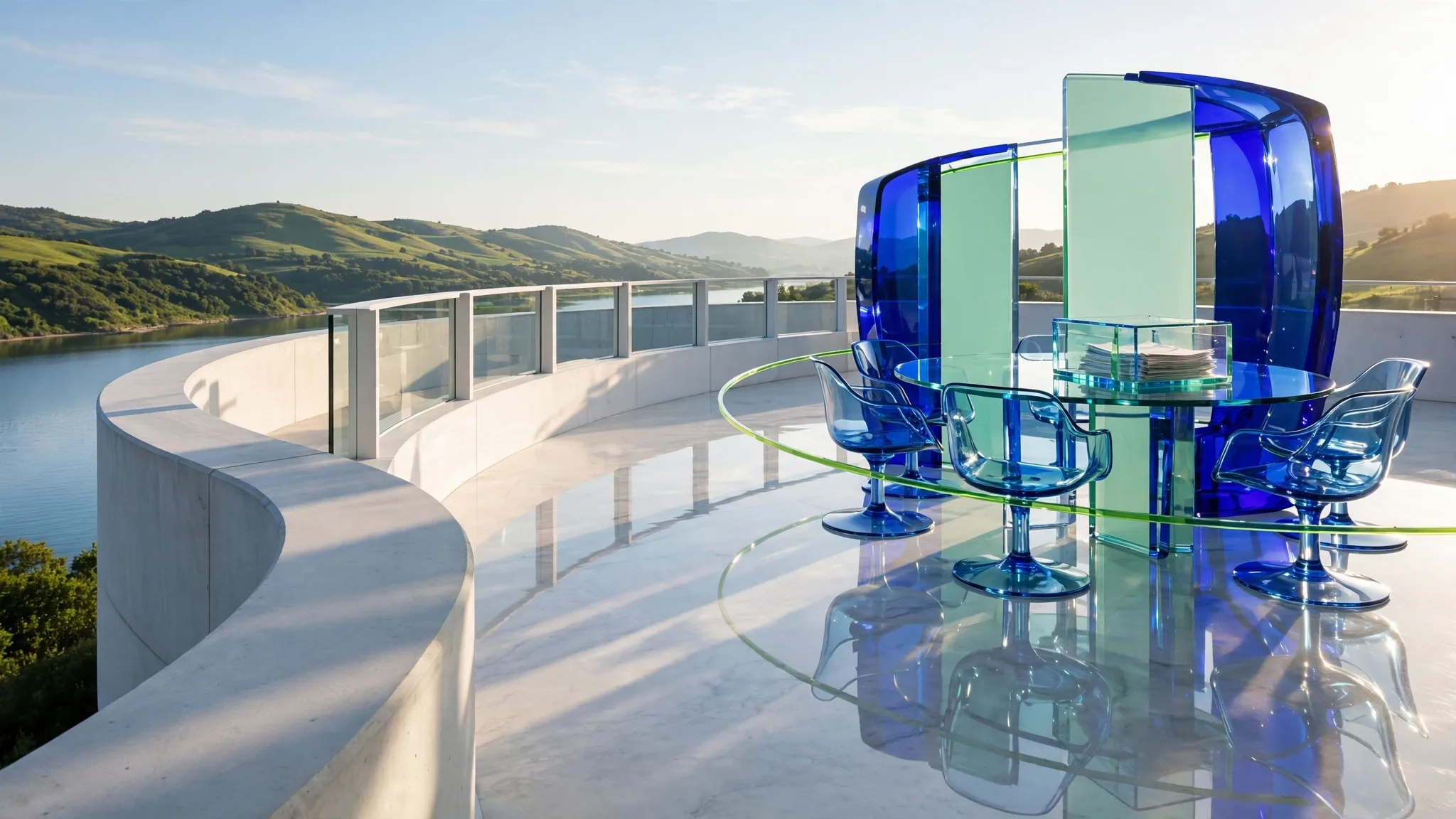 Translucent cobalt, royal blue, lime and mint glass sculpture of a round table and empty chairs on a sunny white concrete terrace above a bay under a clear sky