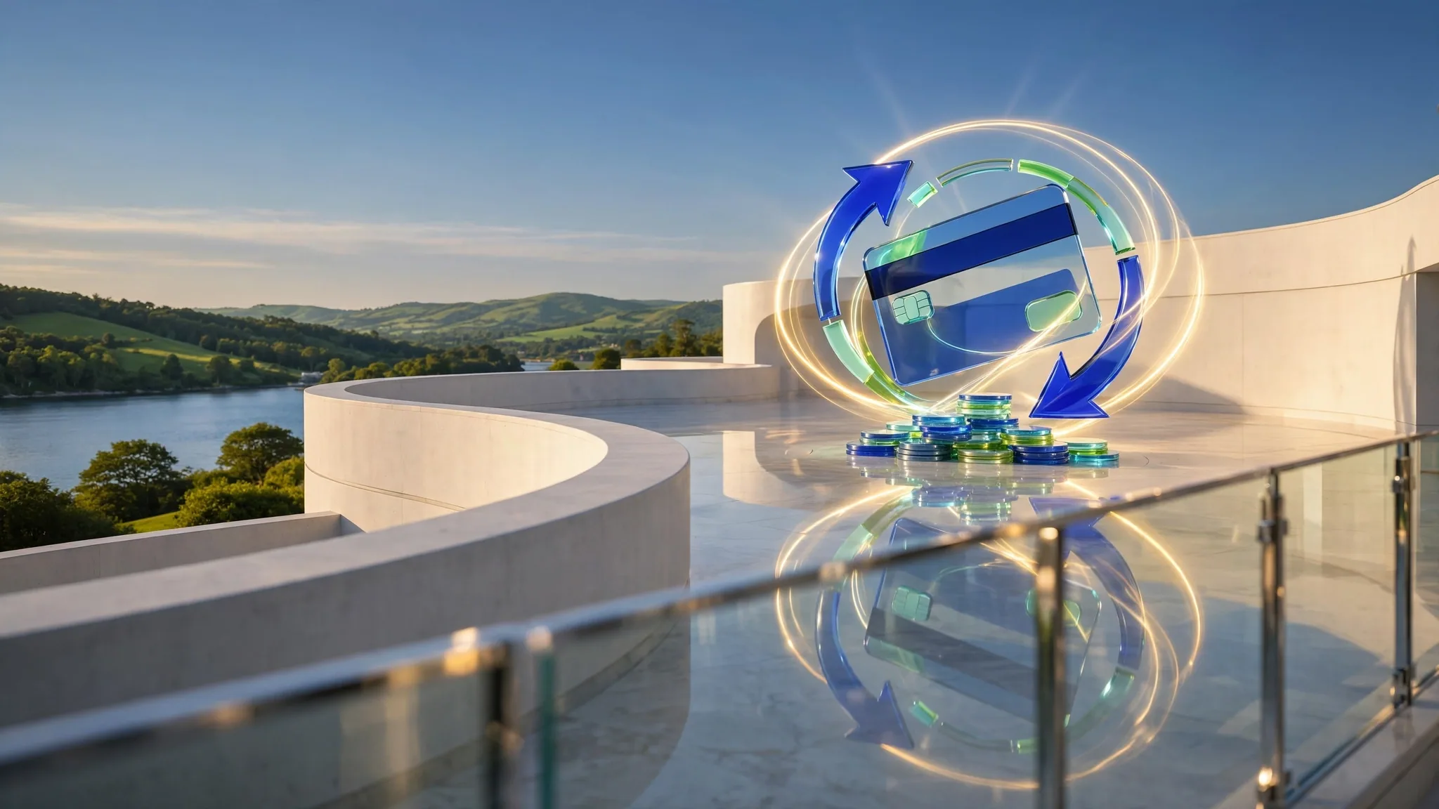Translucent cobalt and lime glass sculpture of a credit card and coin stacks on a sunny white concrete terrace overlooking a bay under a clear sky