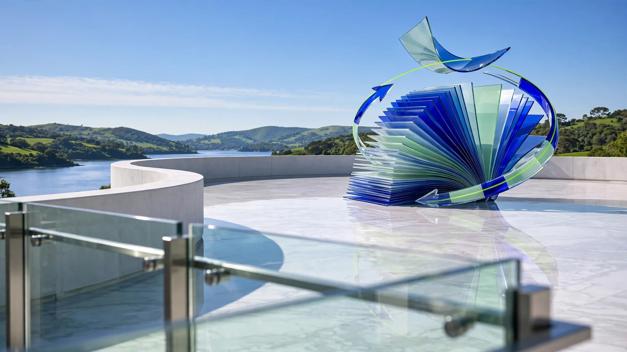 Translucent cobalt and lime glass sculpture of fanned pages wrapped by a curving arrow, on a sunny white concrete terrace above a bay