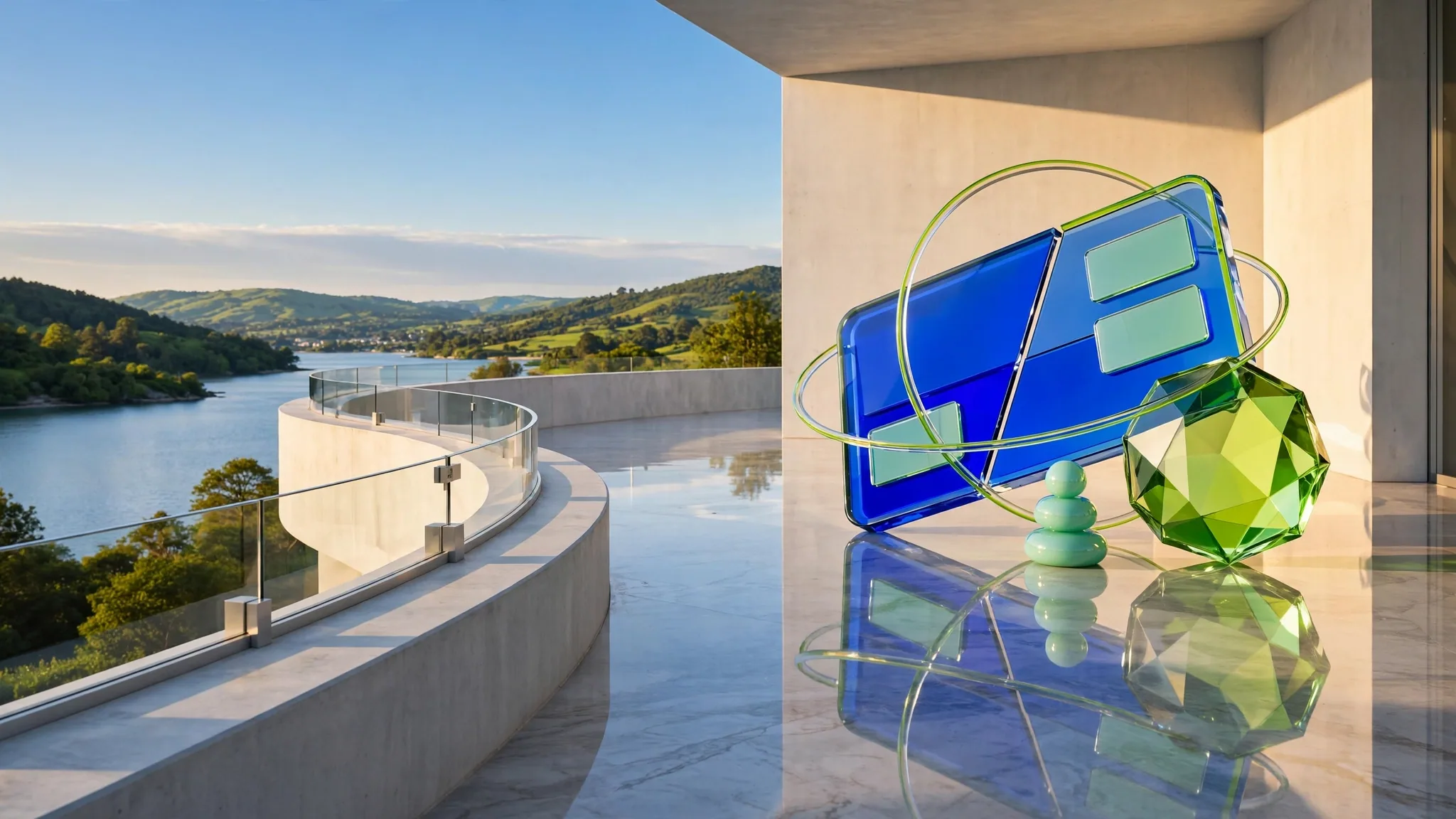 Translucent glass sculpture of a payment card and faceted coin on a sunny white concrete terrace, with a bay and clear sky behind