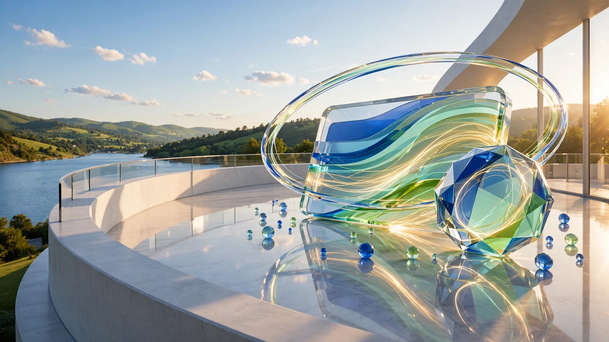 Translucent glass sculpture of a payment card and faceted coin in cobalt and lime on a sunny white terrace above a bay under blue sky