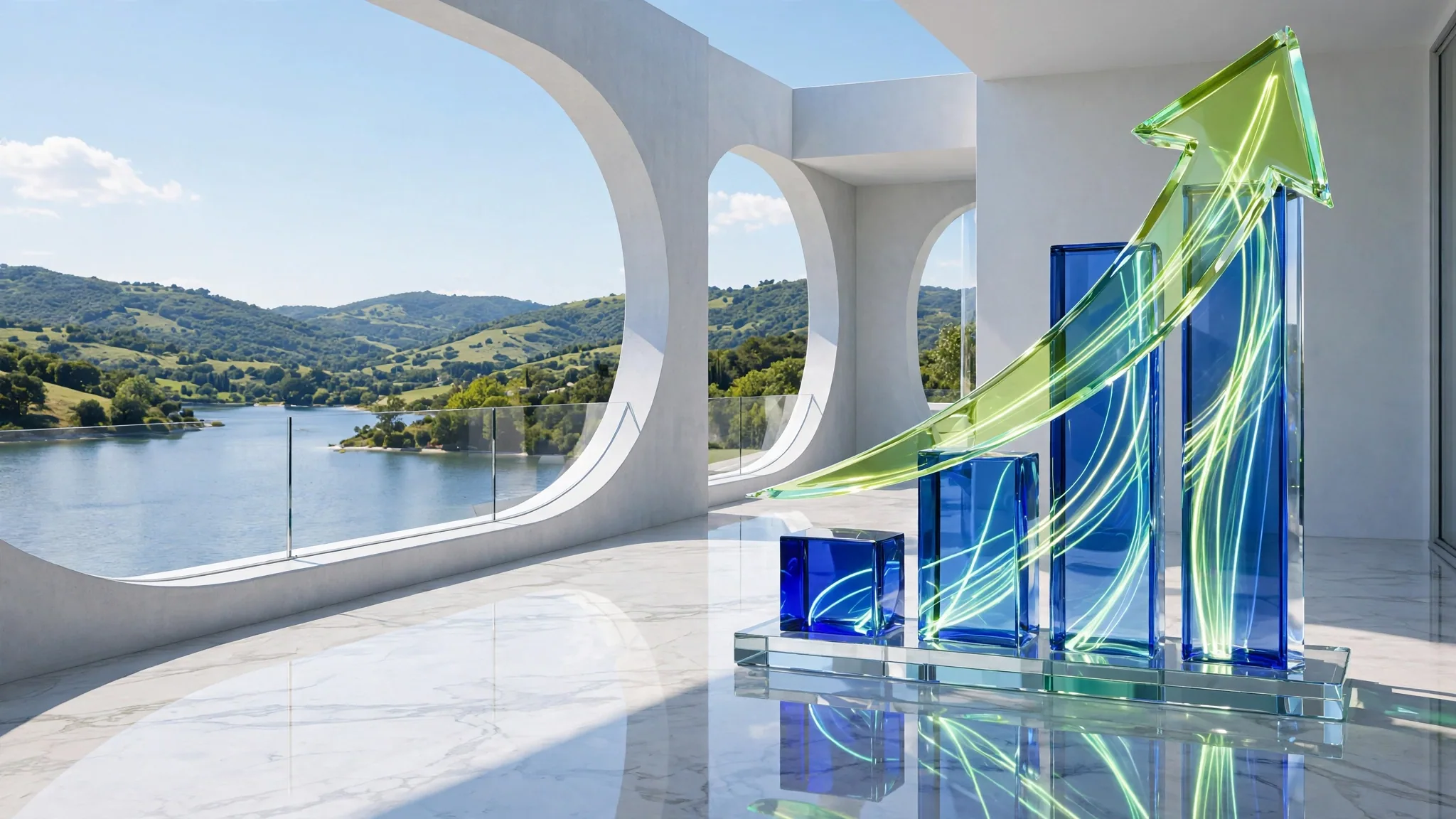 Translucent glass sculpture of rising bars and a lime arrow on a sunny white concrete terrace above a bay under a clear blue sky