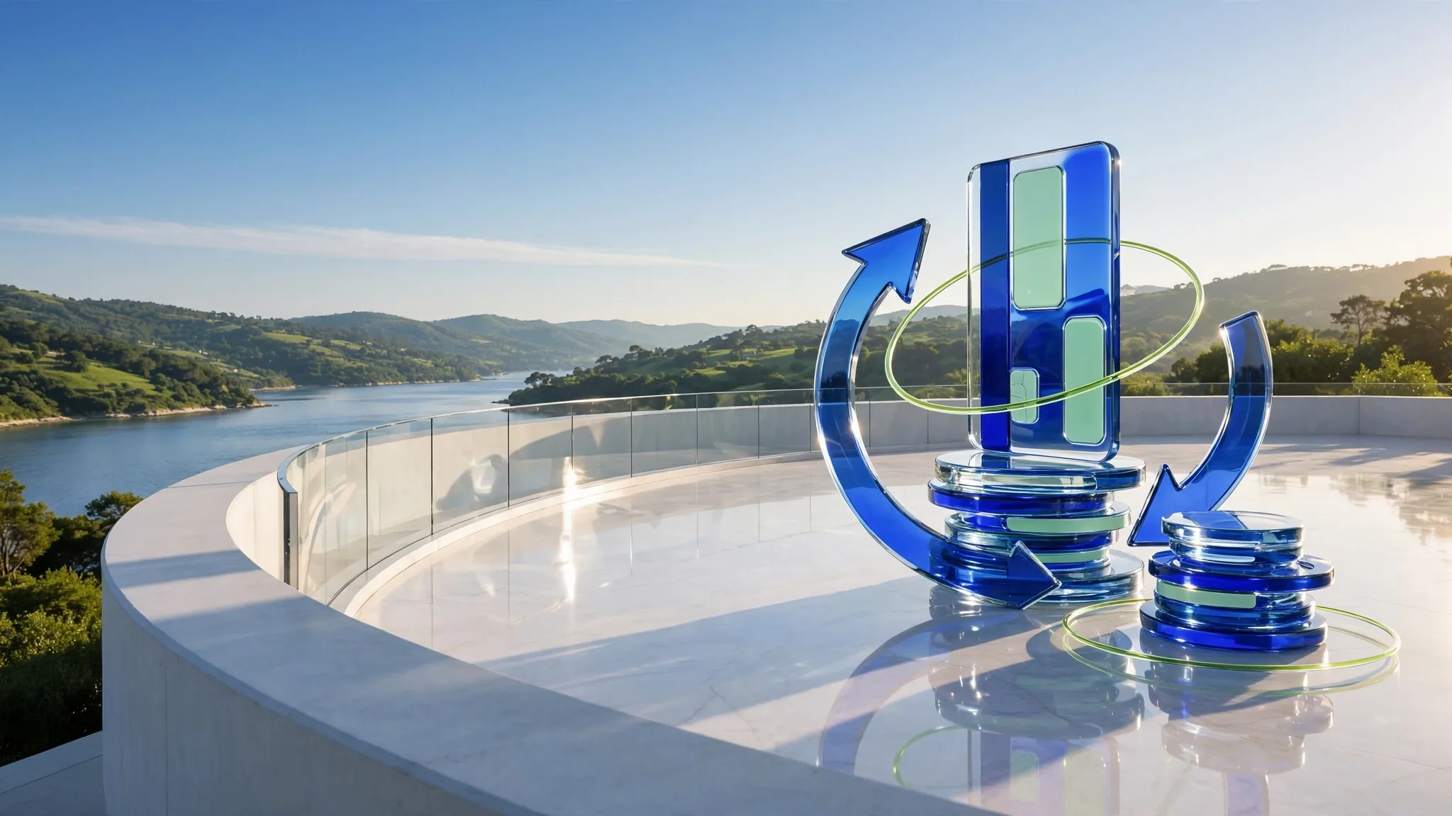 Translucent cobalt and lime glass sculpture of a credit card, coin stacks and curved arrows on a sunny white terrace above a calm bay under blue sky
