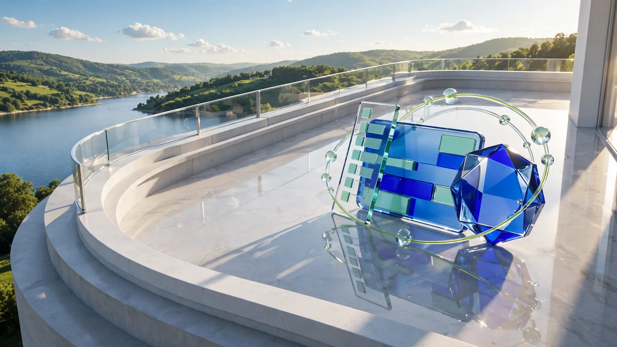 Translucent glass sculpture of a card, faceted coin and orbit ring on a sunlit white concrete terrace above a calm bay under a clear blue sky