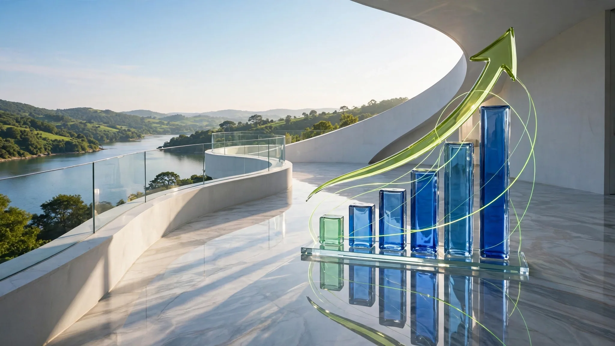 Translucent cobalt and mint glass bars rise on a clear base beneath a sweeping lime arrow, set on a sunny white concrete terrace above a bay under a blue sky