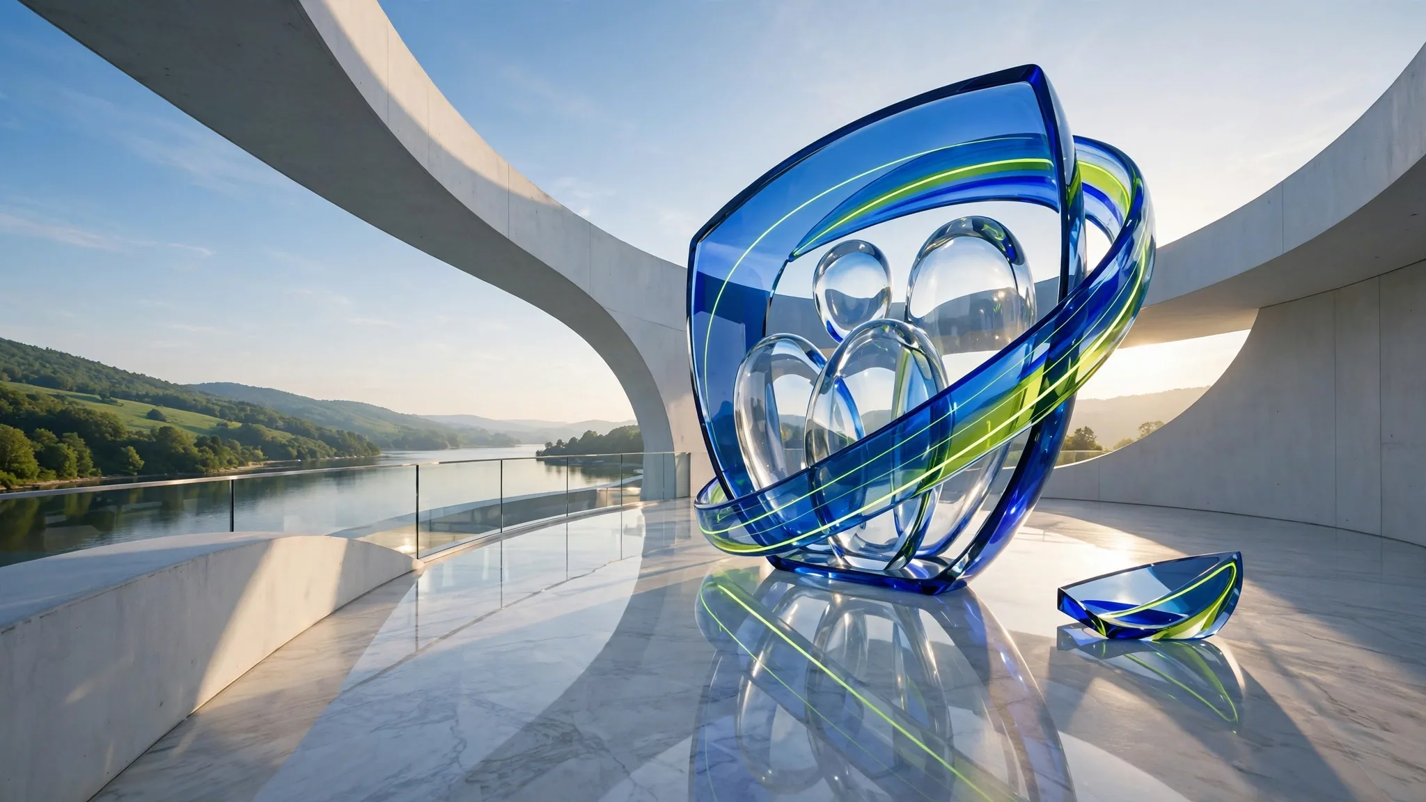 Translucent cobalt and lime glass sculpture of a shield with figures and a sweeping ribbon ring, on a sunny white terrace above a bay under blue sky