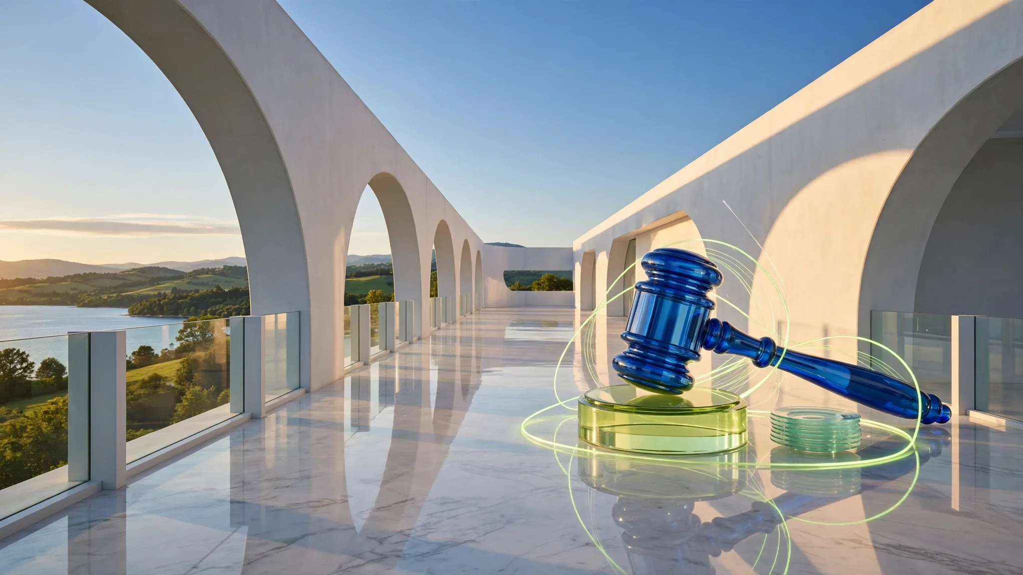 Translucent glass sculpture of a gavel on a sound block stands on a sunny white terrace above a bay, with a clear blue sky
