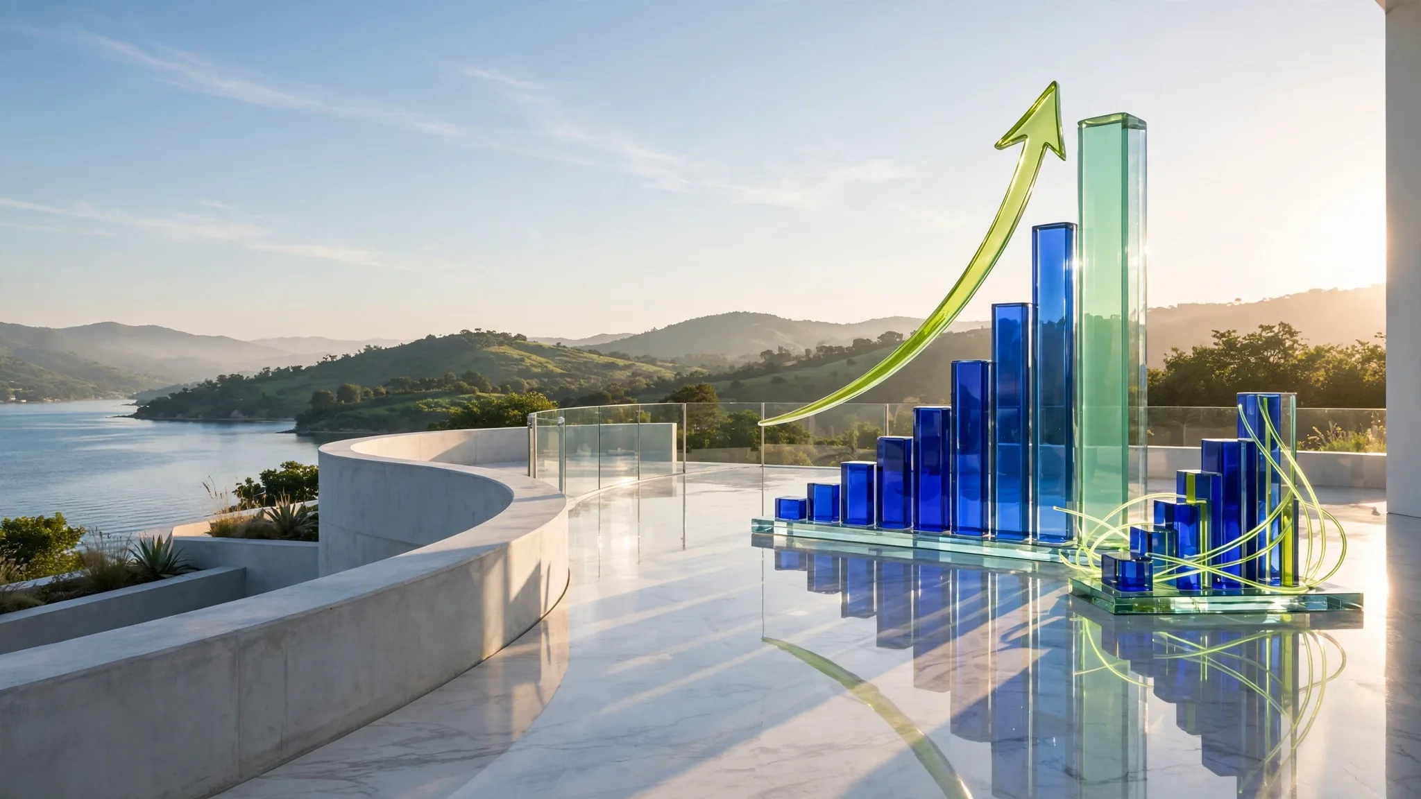 Translucent cobalt, royal blue and lime glass bar chart with a sweeping arrow rising over a white concrete terrace above a sunny bay under a clear sky