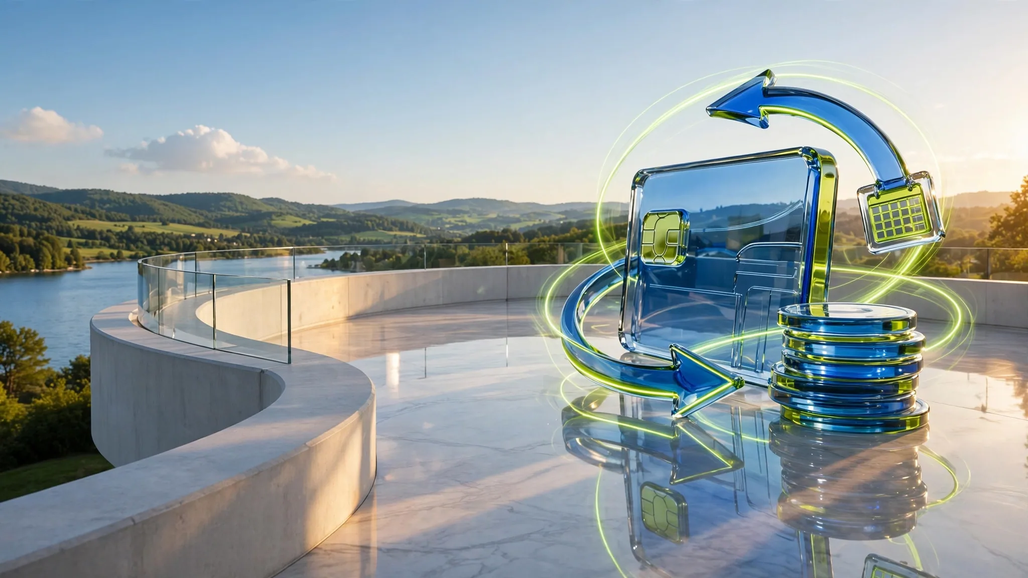Translucent cobalt, lime and mint glass sculpture of a credit card and coin stacks ringed by curved arrows, on a sunny white terrace above a bay