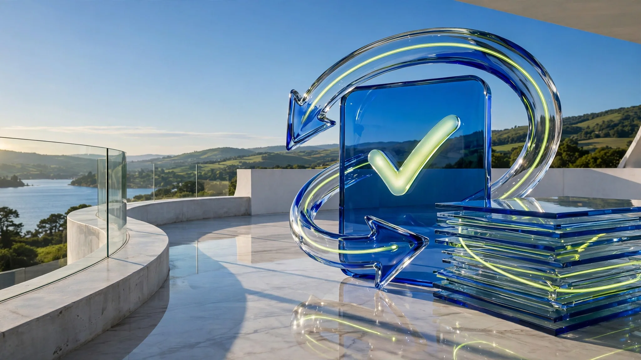 Translucent cobalt and lime glass sculpture of a payment card with a glowing tick, on a sunny white concrete terrace above a bay with blue sky