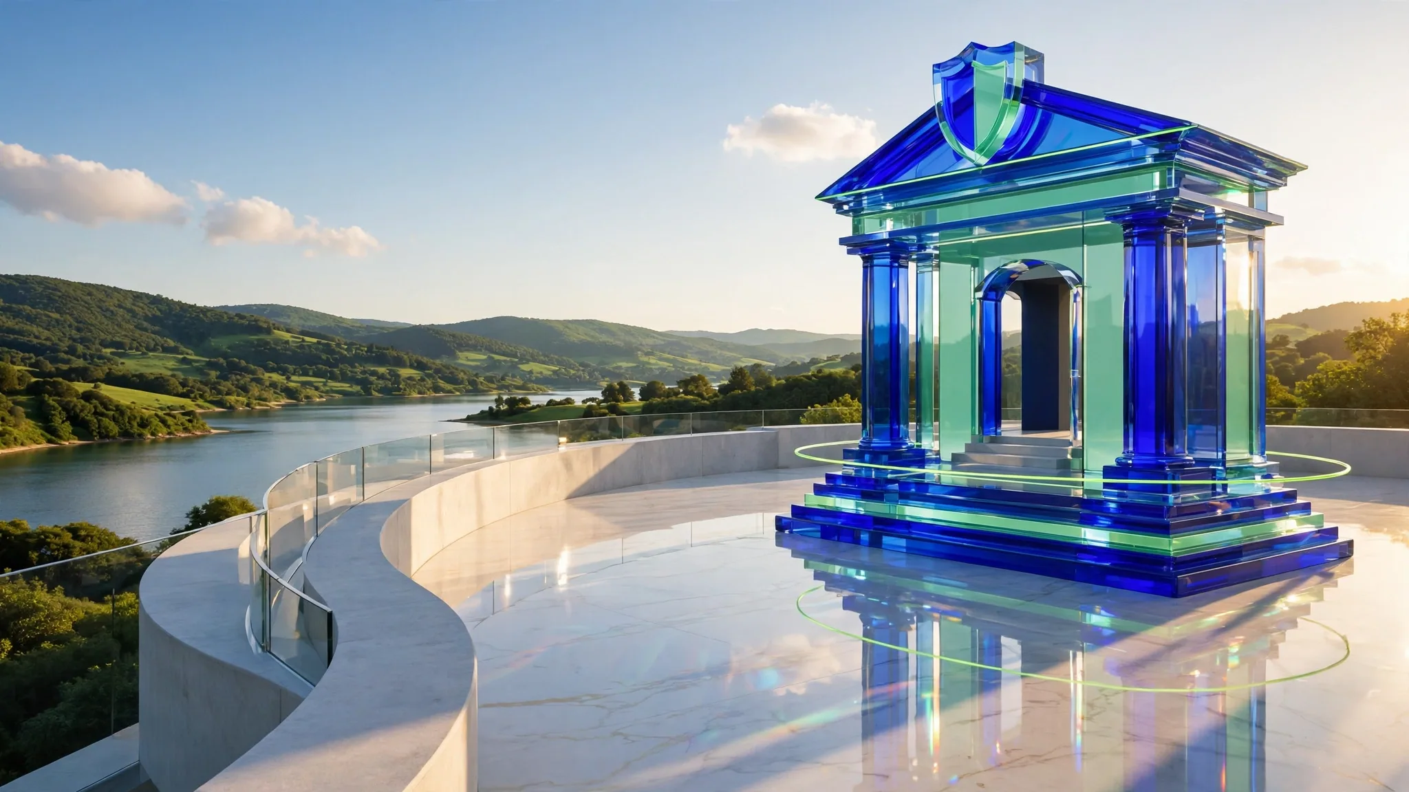 Translucent cobalt and lime glass sculpture of a classical portico with columns and steps stands on a sunlit white concrete terrace above a calm blue bay