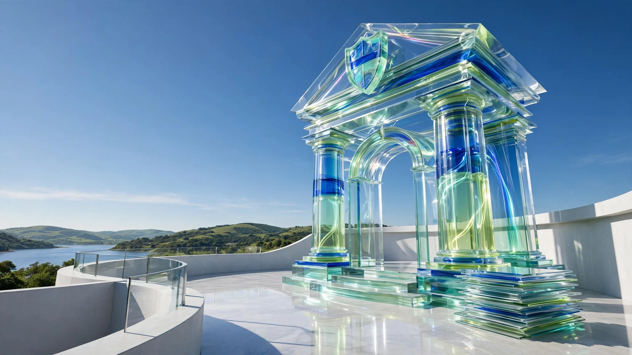 Translucent glass portico with two columns, steps and an arched doorway sits on a sunny white concrete terrace above a bright blue bay under clear sky