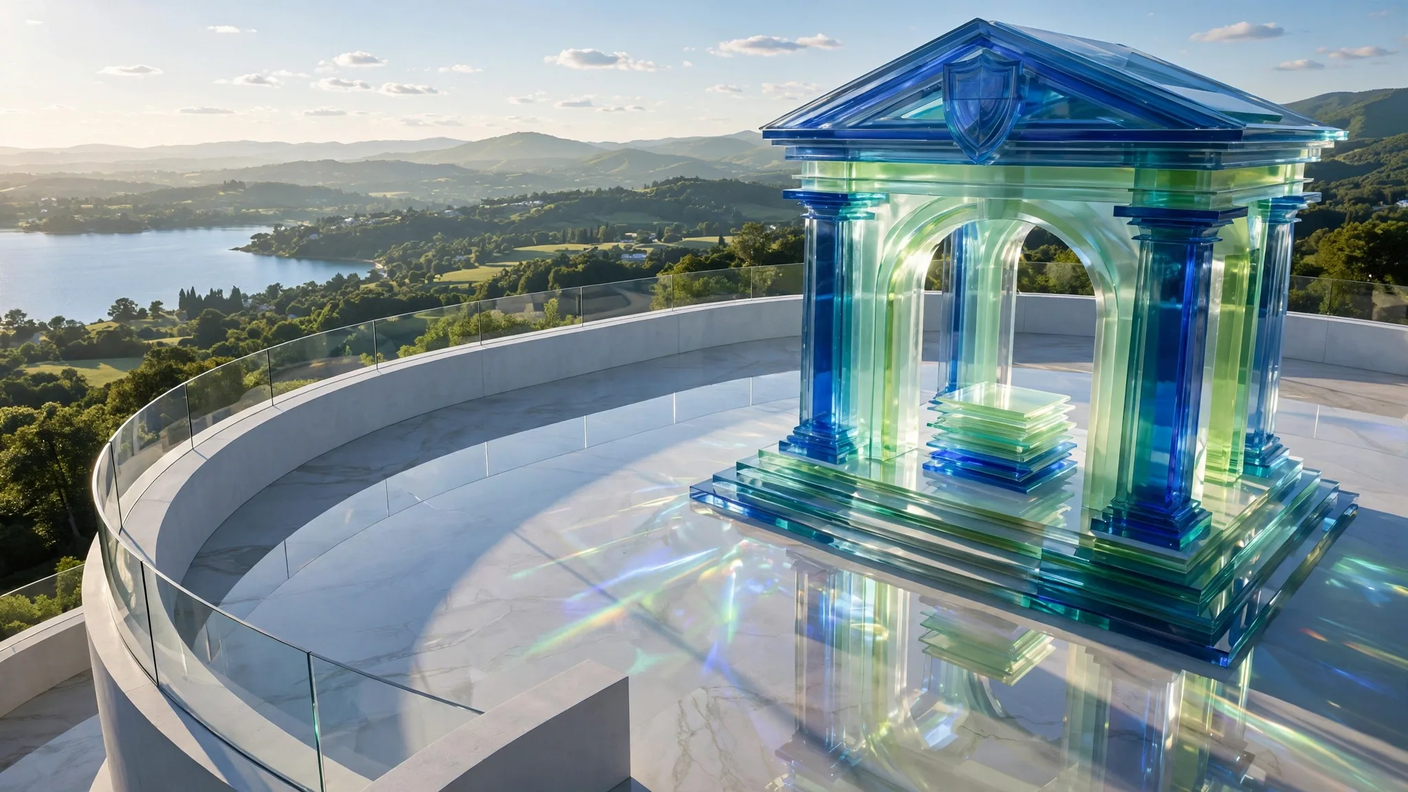 Translucent cobalt and lime glass portico with columns and steps stands on a sunny white terrace above a bay under a clear blue sky
