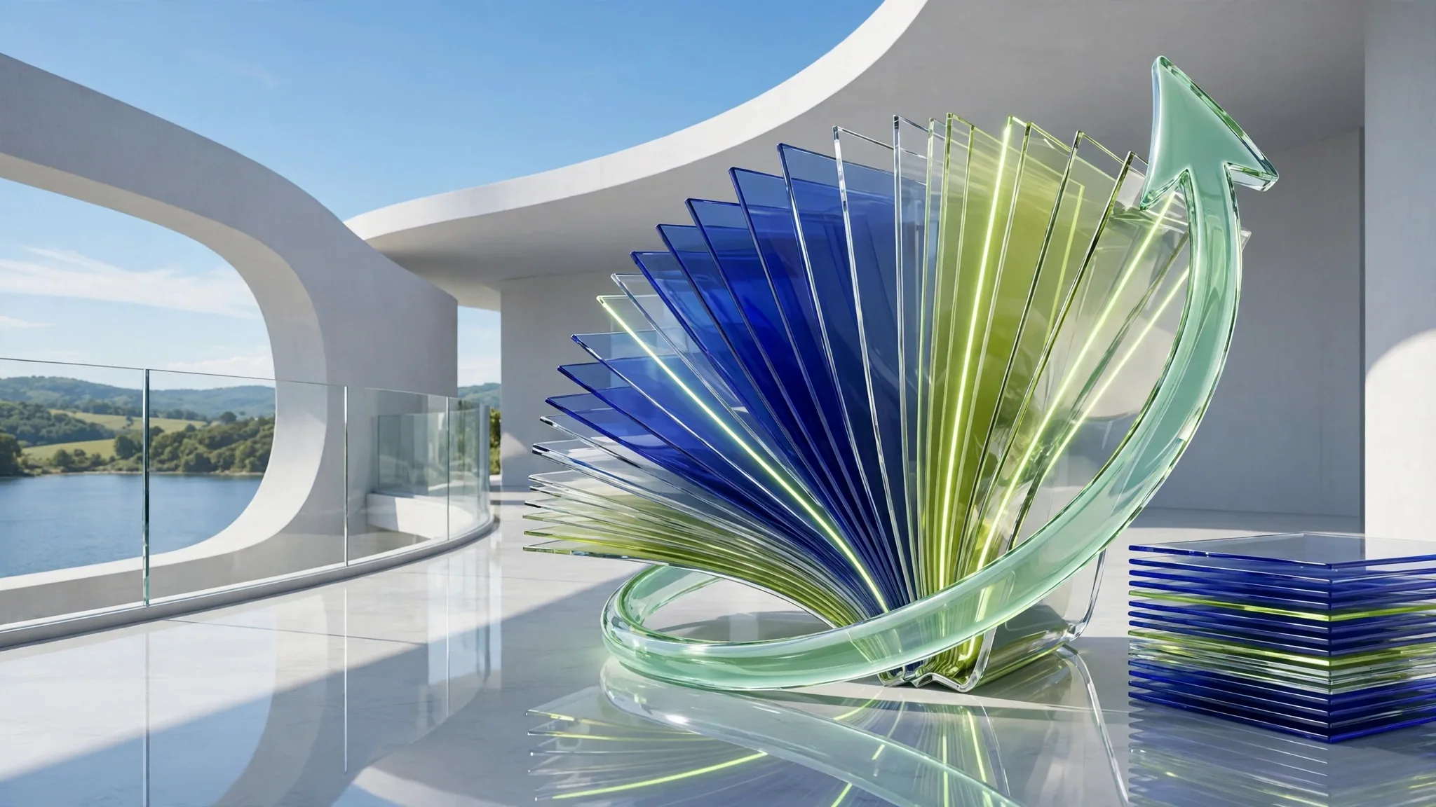 Translucent glass sculpture of fanned pages wrapped by a curving arrow, set on a sunny white terrace above a bright blue bay and sky