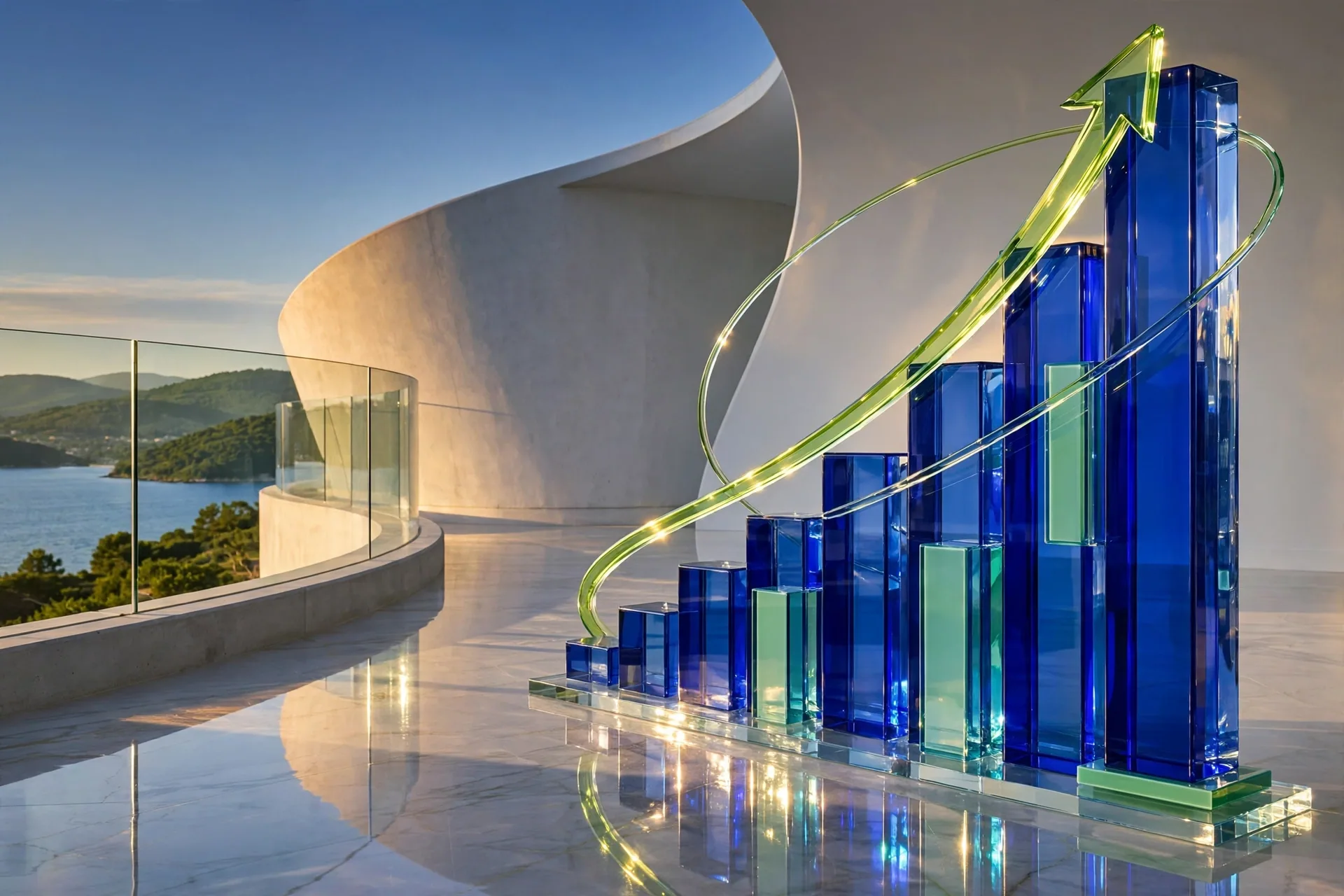 Translucent cobalt and lime glass bar chart rising on a white concrete terrace above a sunlit bay under a bright blue sky