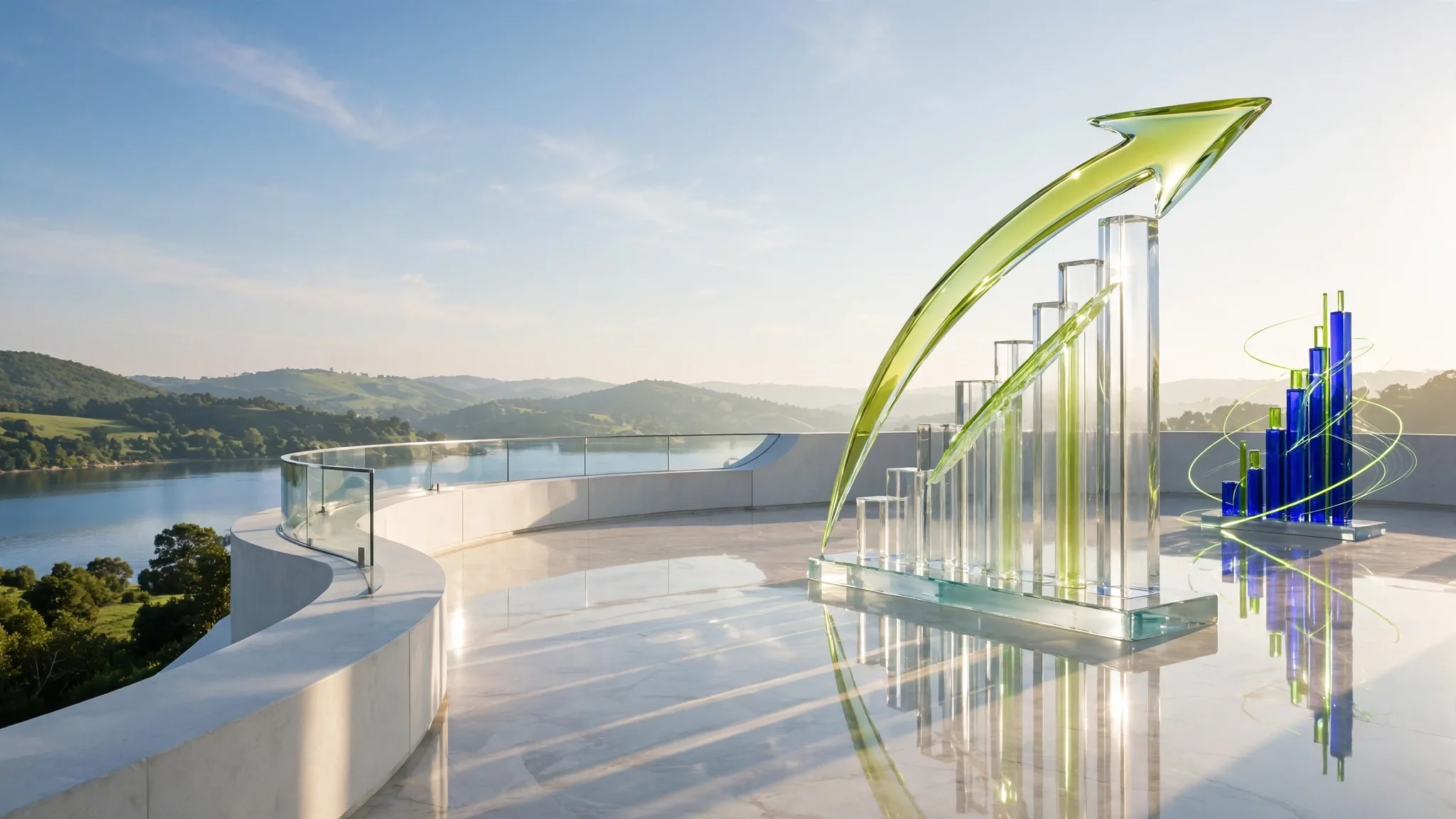 Translucent glass sculpture of a rising bar chart with a lime arrow sweeping over it, set on a sunny white concrete terrace above a bay under a clear blue sky