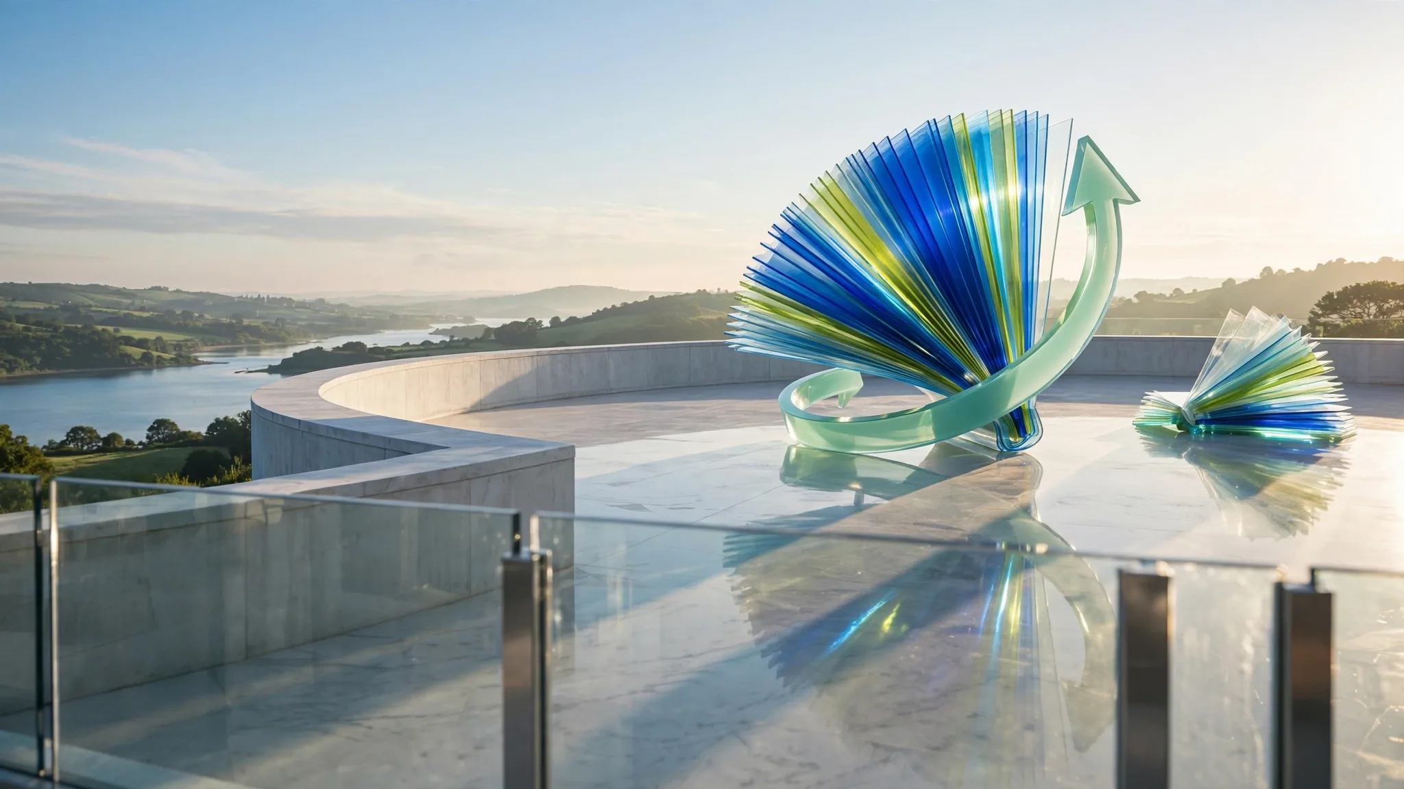 Translucent glass sculpture of fanned pages wrapped by a curving arrow sits on a sunny white concrete terrace above a bay under clear sky