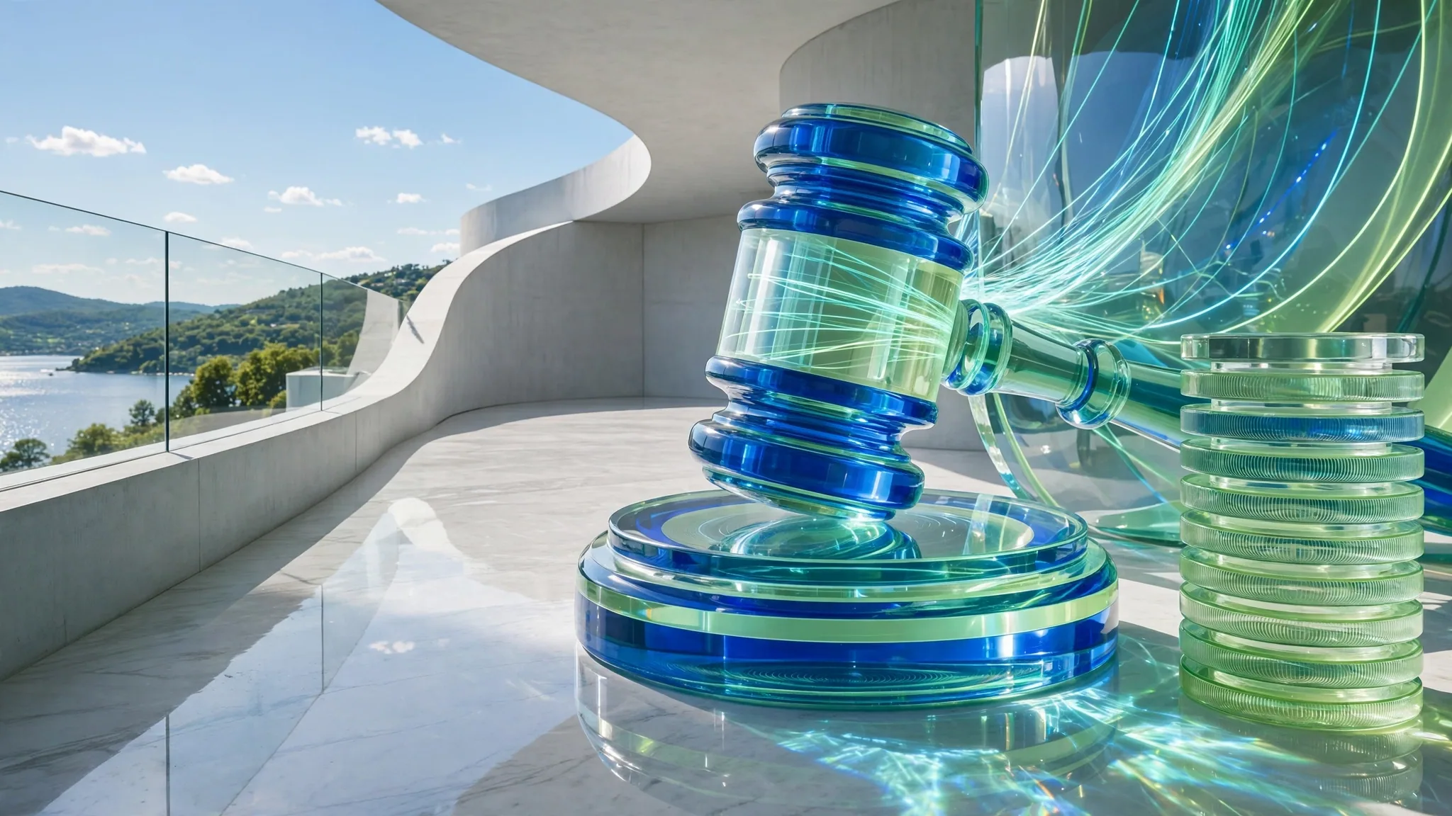Translucent glass gavel resting on its round sound block on a sunny white concrete terrace, with a bright bay and blue sky behind