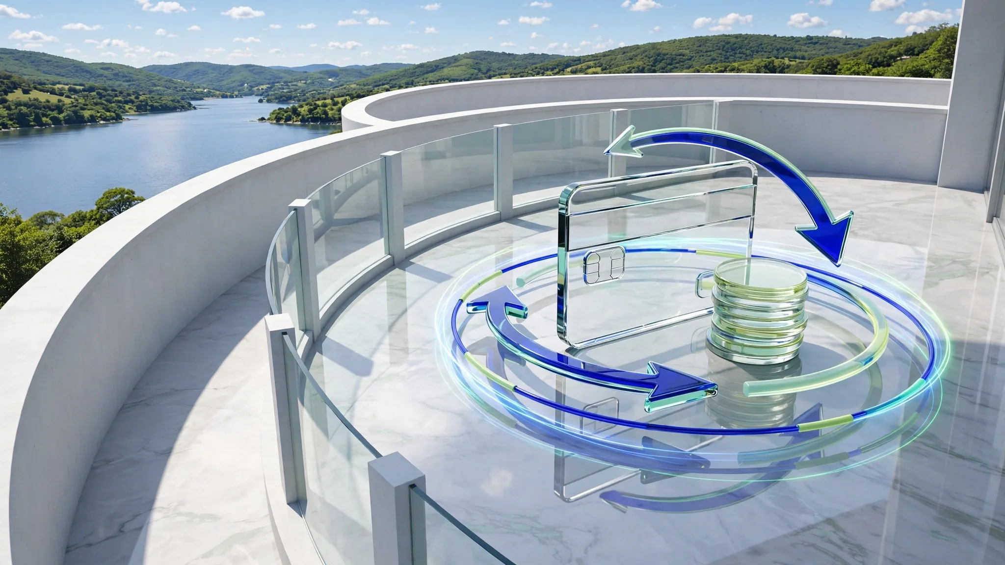 Translucent cobalt, royal blue, lime and mint glass sculpture of a card, coins and curved arrows on a sunny white terrace above a bay under blue sky