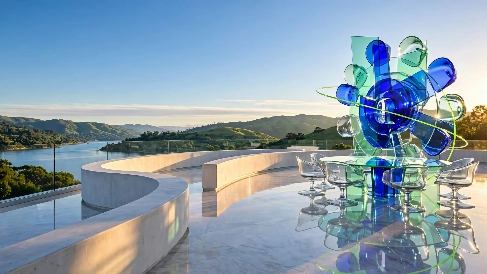 Translucent blue and lime glass sculpture on a sunlit white concrete terrace above a bay, illustrating governance & smcr