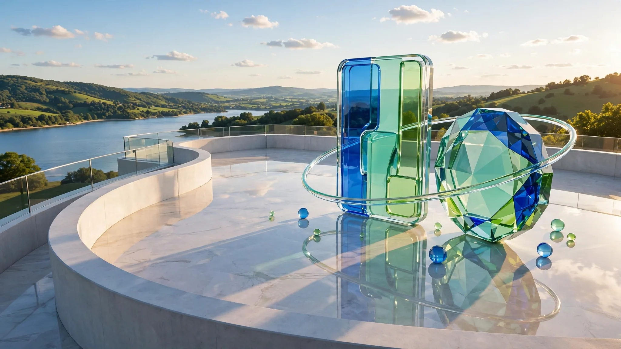 Translucent glass payment card and faceted crypto coin inside a glass orbit ring on a sunlit white concrete terrace above a calm bay