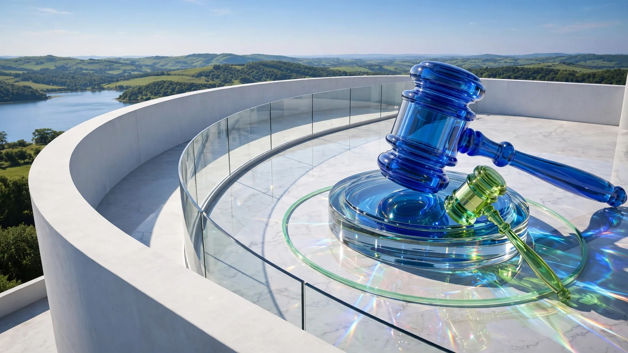 Translucent cobalt glass gavel resting on its round glass block on a sunlit white concrete terrace above a calm bay, with a mint and lime sculpture beside it under a clear blue sky