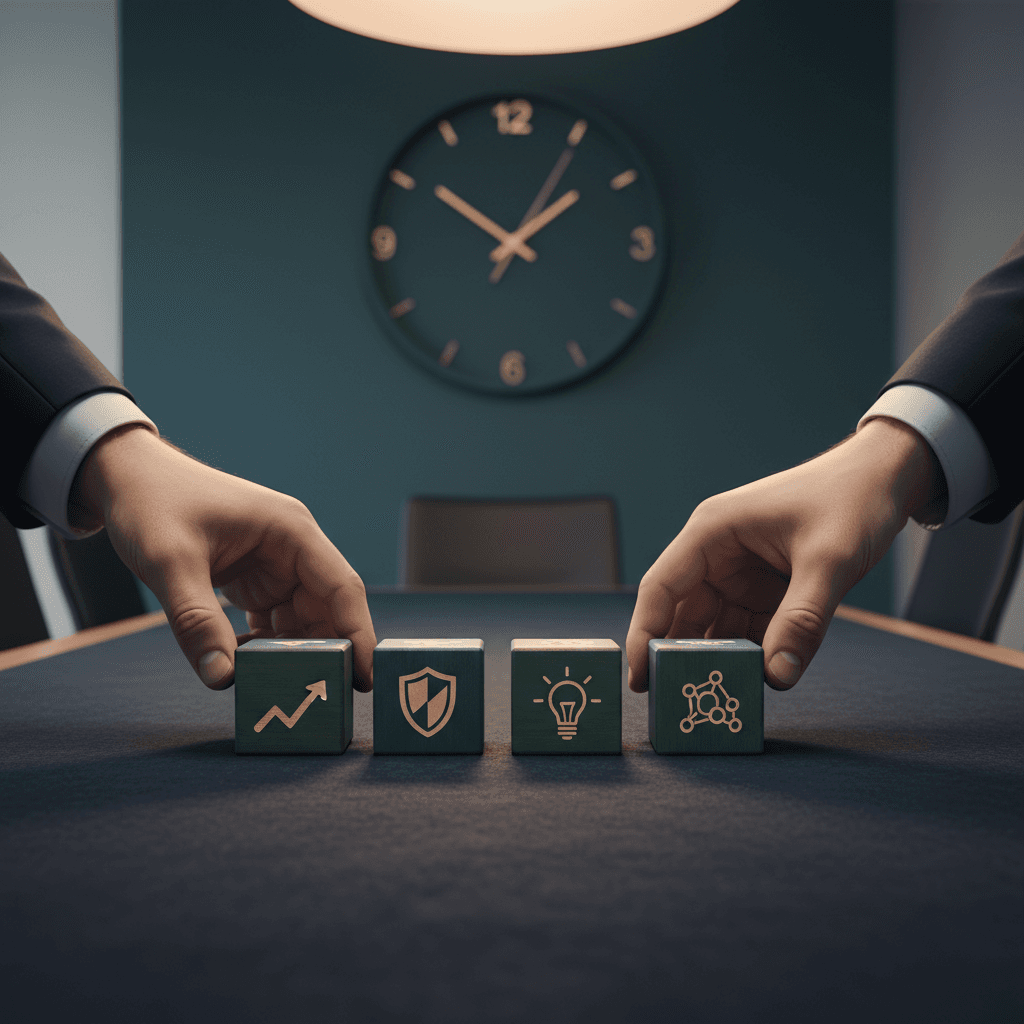 Hands arranging wooden blocks with customer outcome icons on dark felt, in a modern boardroom setting with soft overhead lighting