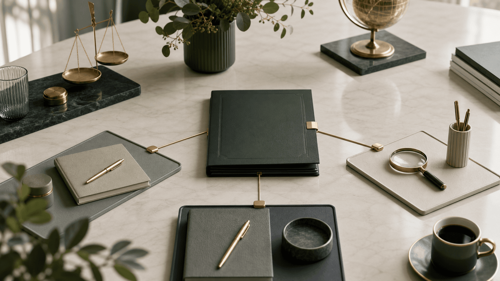 Central accountability folder connected to three distinct specialist-support workstreams on a governance table