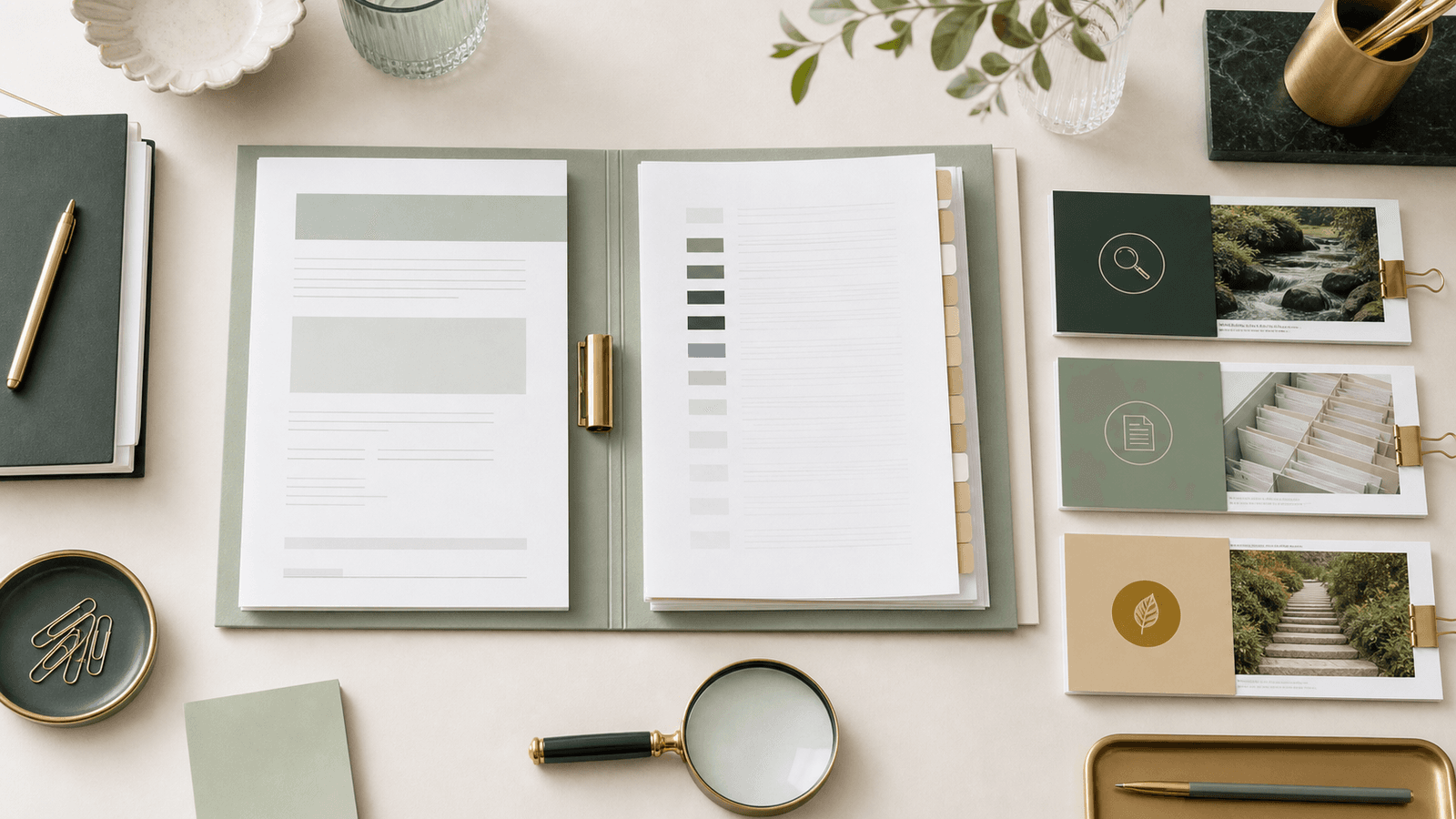 Top-down skilled-person review workspace with an indexed evidence file, magnifying glass and three organised review paths