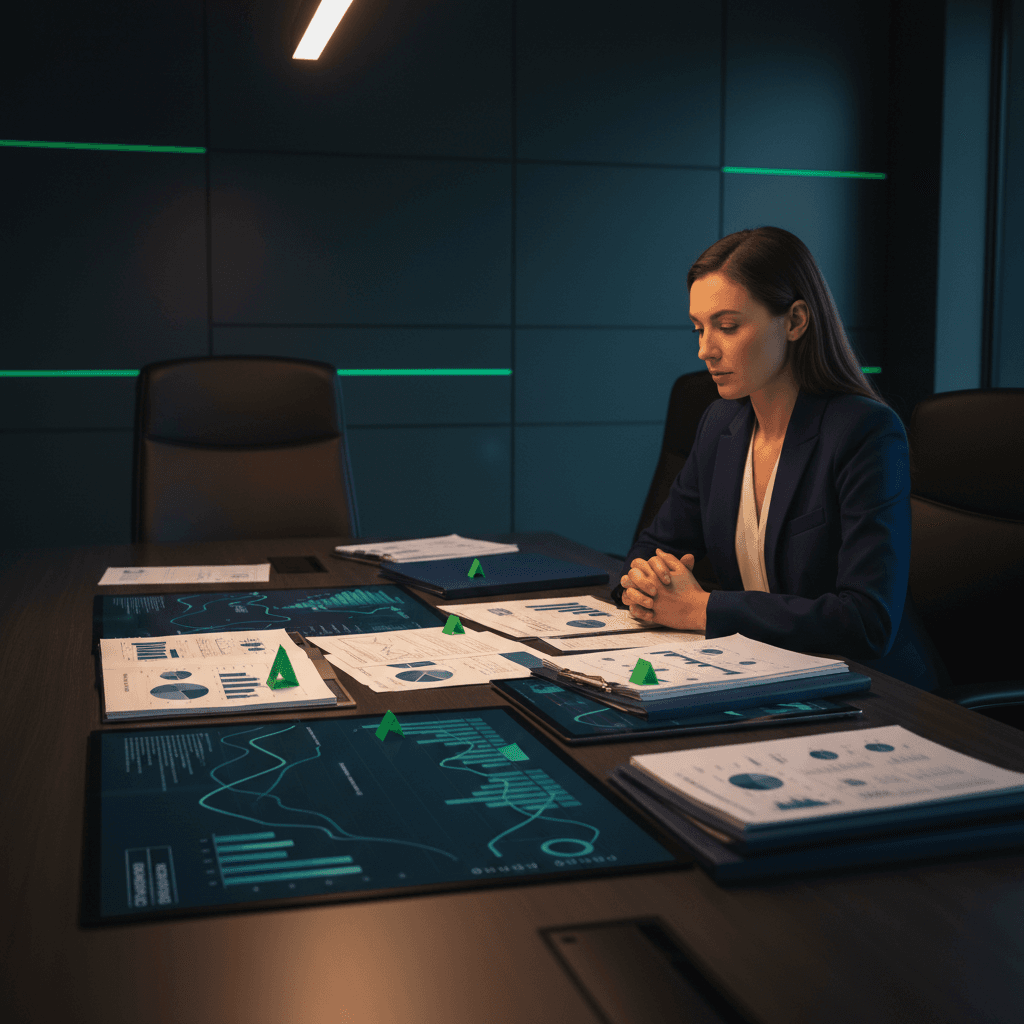 A compliance director reviewing an open customer-outcomes evidence pack at a dark boardroom table, with abstract trend charts, green action markers, and board papers arranged for challenge