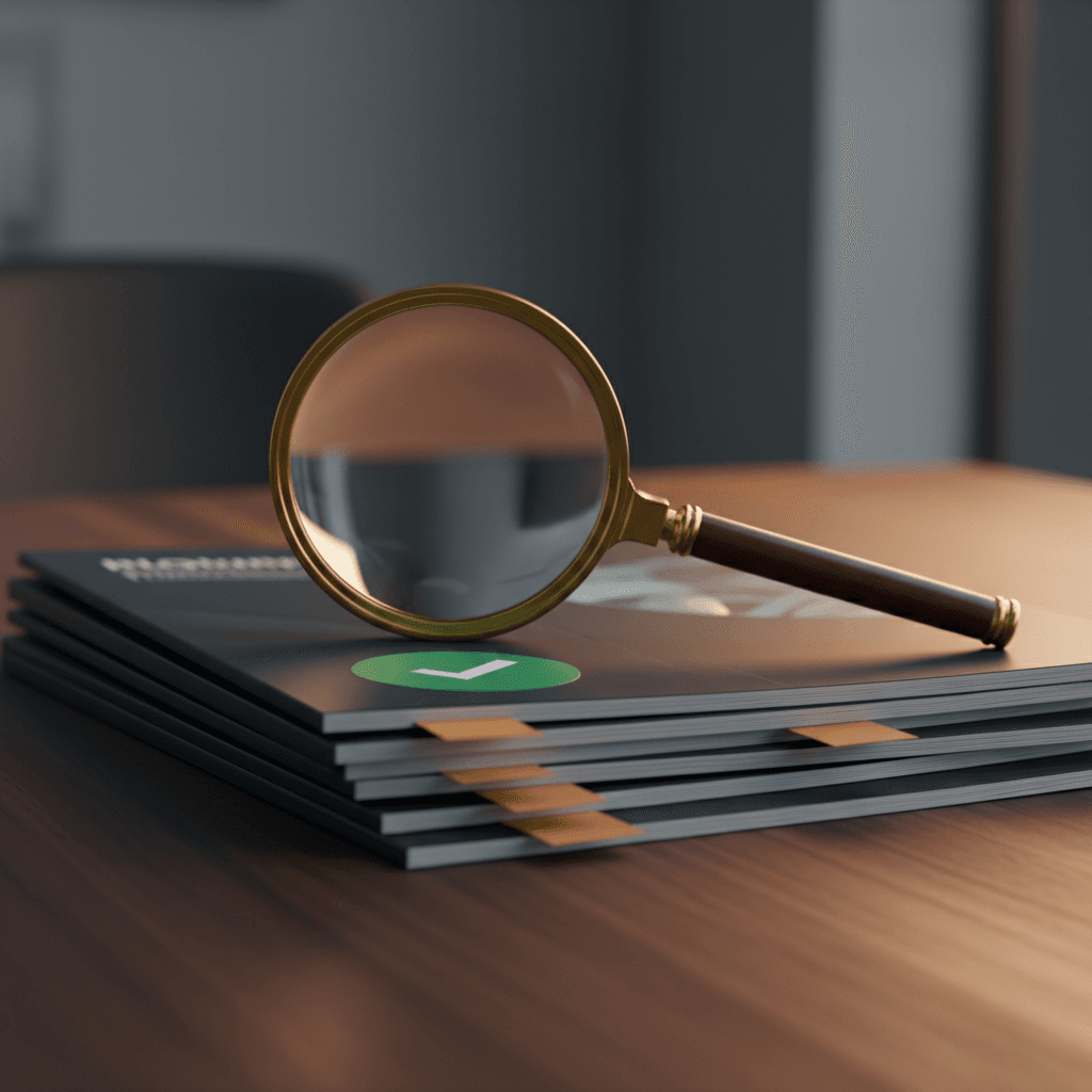 A stack of financial brochures under a magnifying glass on a dark walnut desk, with a green 'approved' sticker on one and amber 'pending' tags on others