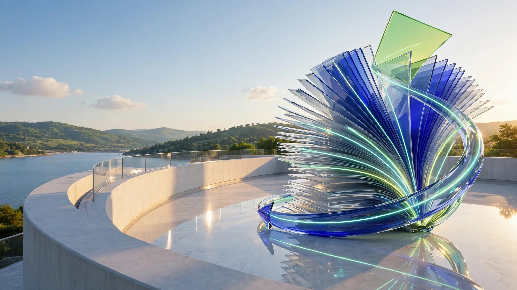 Translucent glass sculpture of fanned document pages wrapped by a curving arrow, set on a sunny white terrace above a bay under blue sky