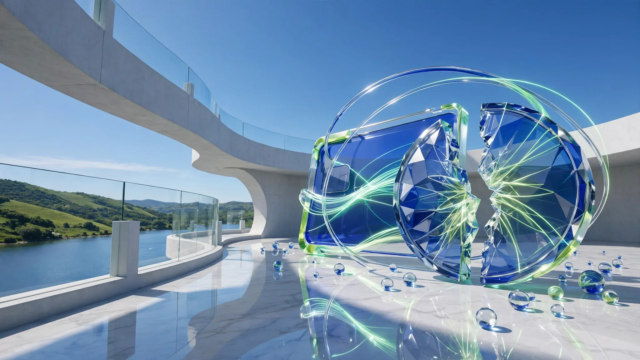 Translucent glass sculpture of a payment card beside a faceted coin, with a thin orbit ring, on a sunny white terrace above a bay under blue sky