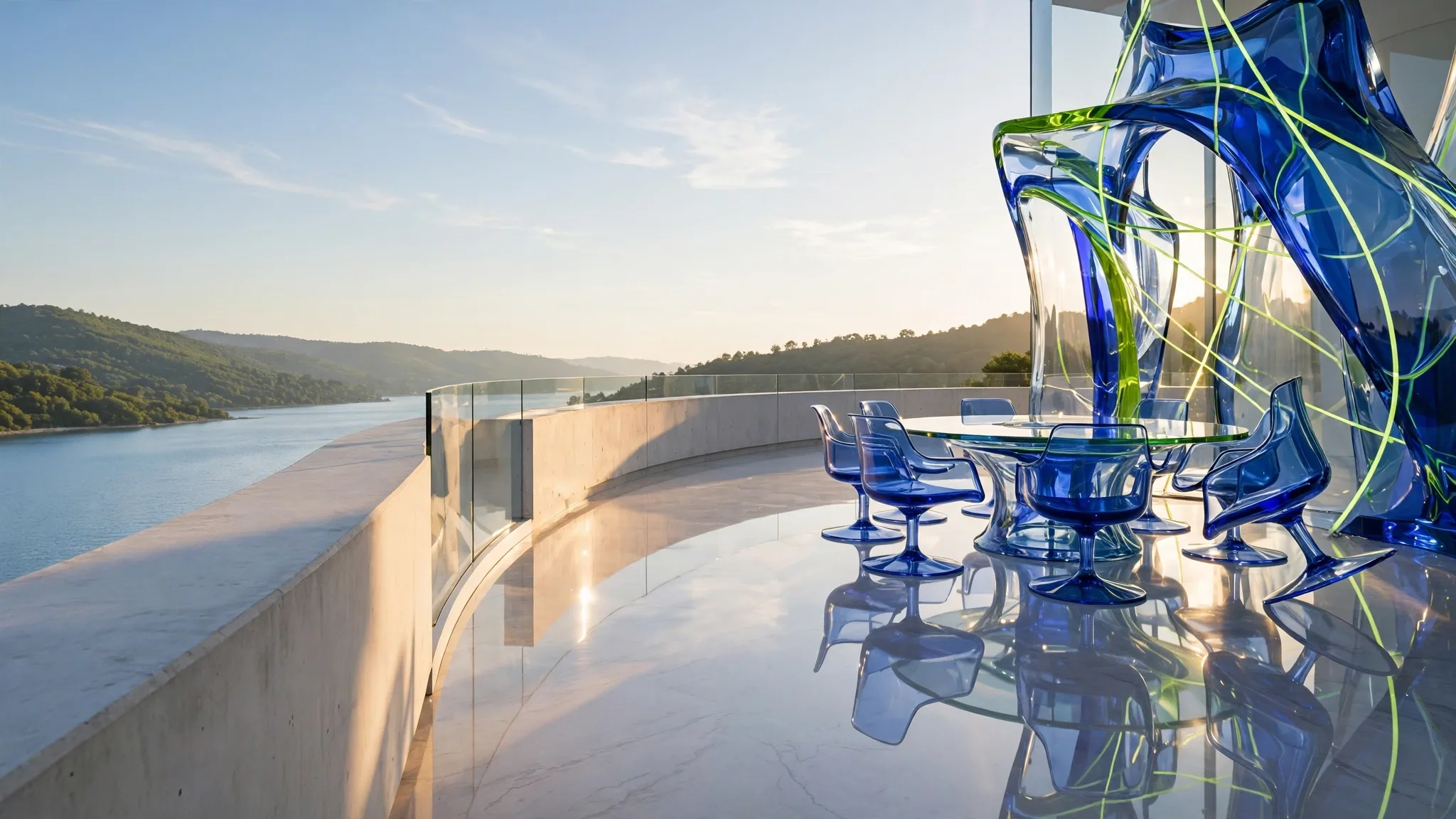 Translucent cobalt, royal blue, lime and mint glass sculpture of a round table and empty swivel chairs on a sunny white terrace above a bay under a clear sky
