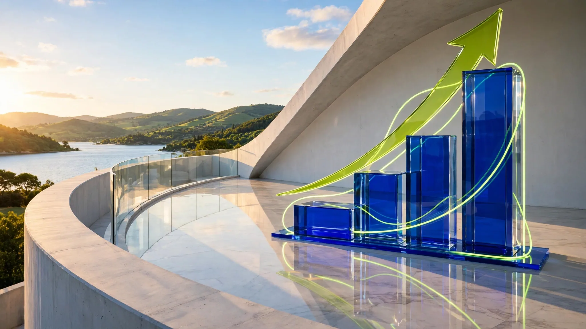 Translucent glass sculpture of a rising bar chart with a lime arrow sweeping over it, set on a sunlit white concrete terrace above a calm bay under a clear blue sky