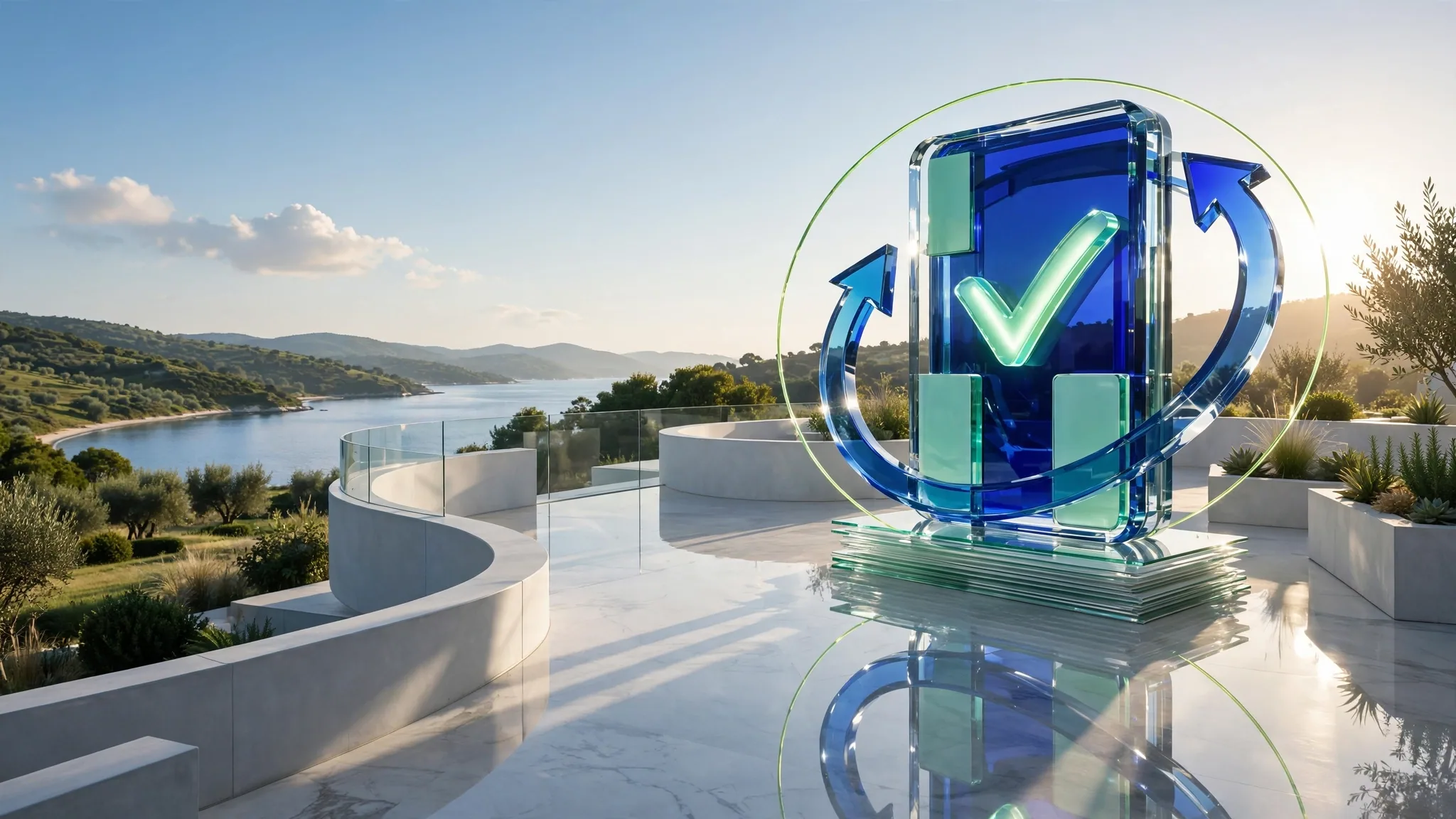 Translucent cobalt and lime glass sculpture of a payment card with a glowing tick, ringed by curved arrows, on a sunny white terrace above a calm blue bay
