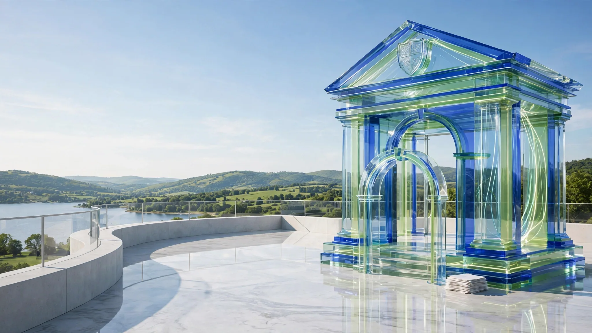 Translucent cobalt, royal blue, lime and mint glass portico with two columns and steps stands on a sunny white concrete terrace above a bay under a clear blue sky